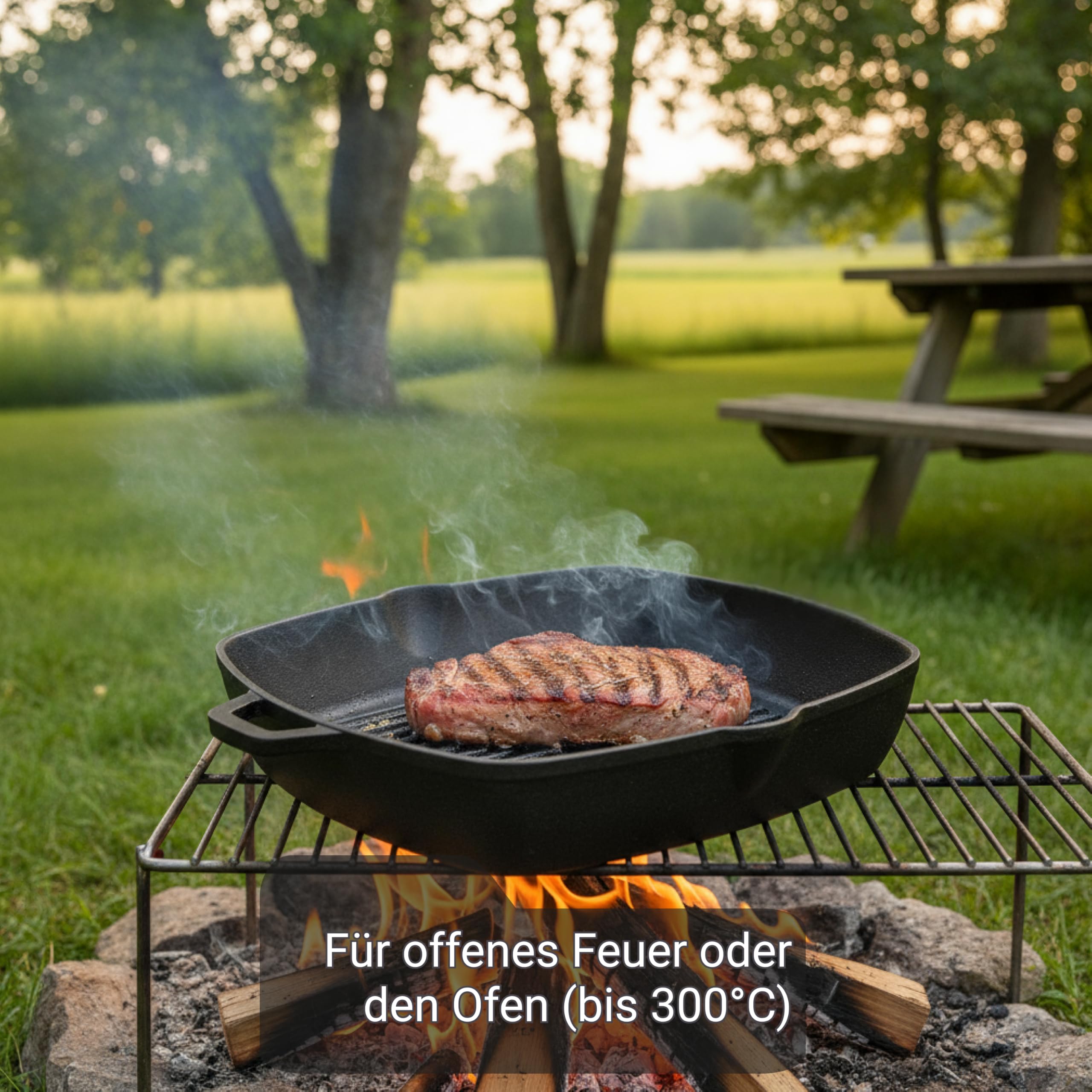 BIOL Grillpfanne 26x26 cm aus emailliertem Gusseisen – Gusseisen Grillpfanne Induktion mit abnehmbarem Holzgriff, quadratische Steakpfanne, ohne PTFE