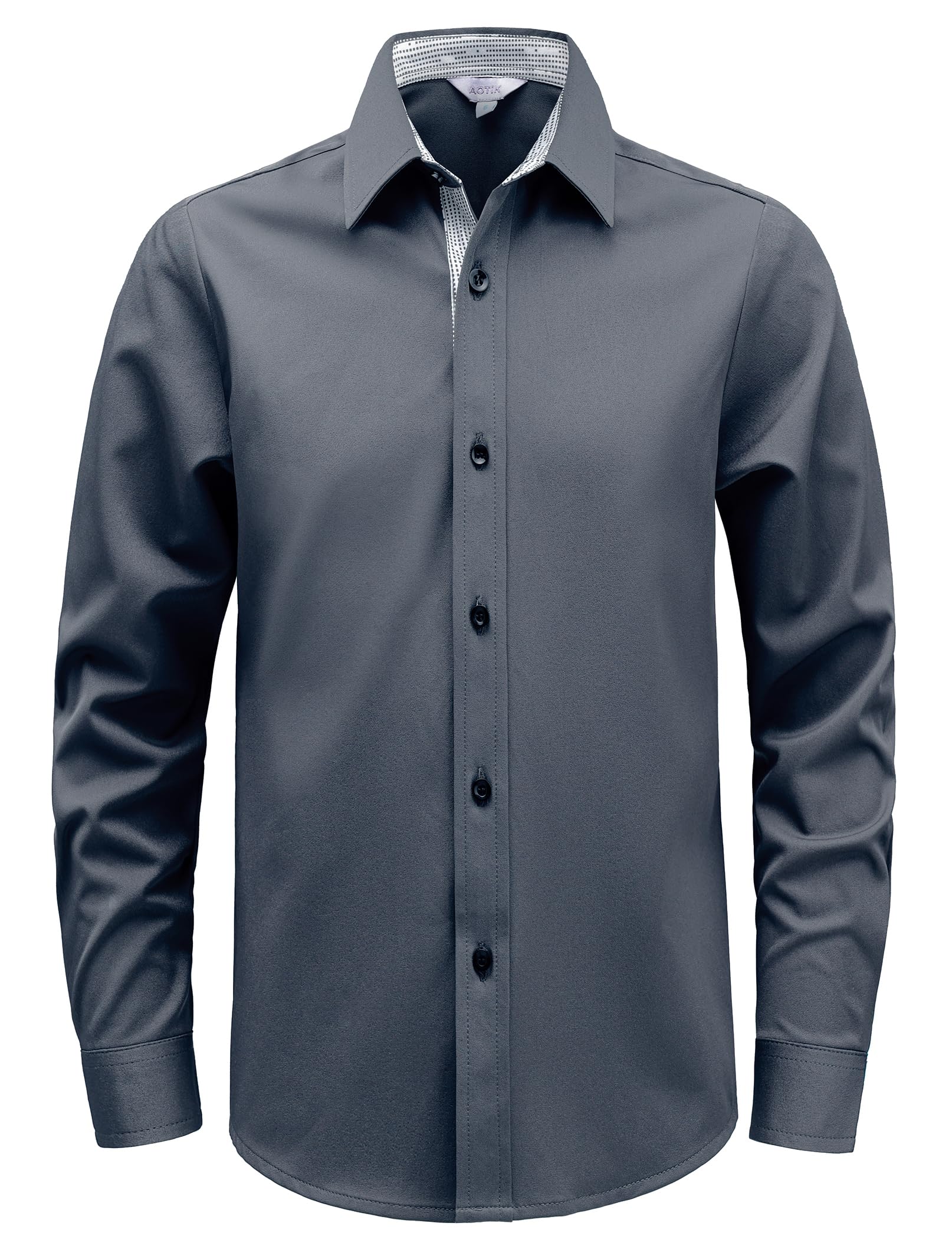 Photo 1 of AOTIK Boys Stretch Multi-Use Dress Shirts Wrinkle Free Long Sleeve Button Down Shirts Formal Wedding Prom Shirts 12 Dark Gray