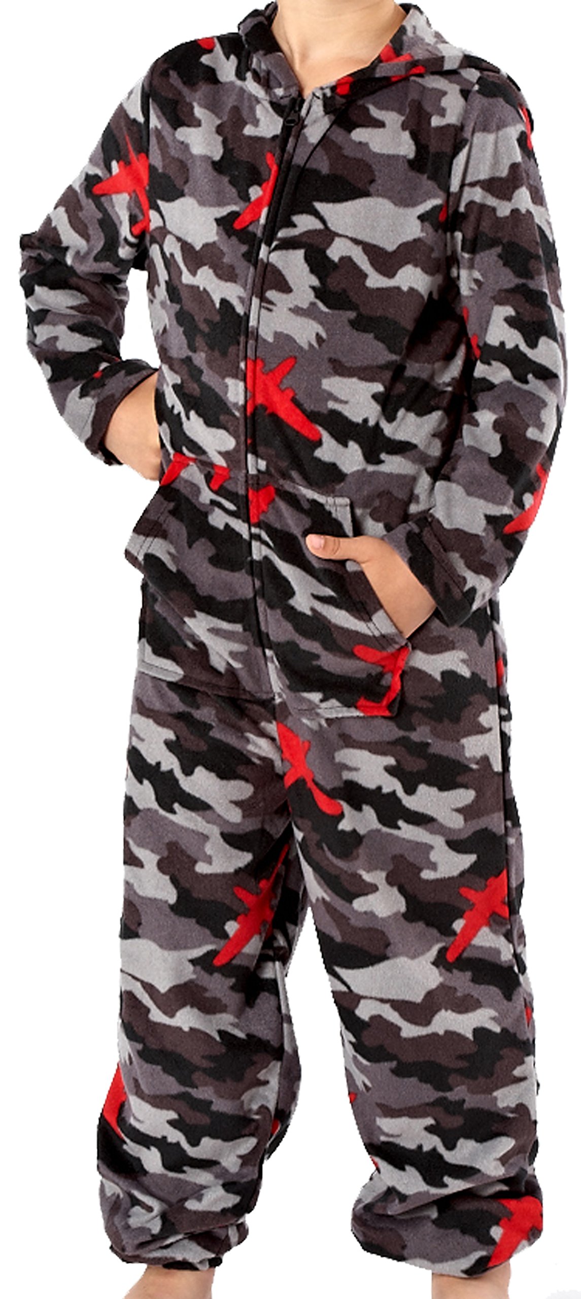 Boys Hidden Plane Camo Soft Black and Grey 160GSM Micro Fleece Hooded Onesie Lounge Suit Pyjammas Size Age 7-8