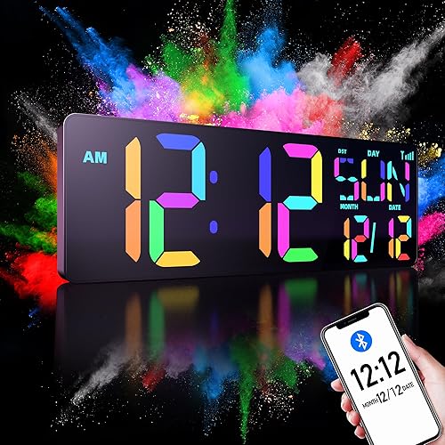 TXL 16.5" Bluetooth Large LED Digital Wall Clock, RGB Color Changing, Count Up/Down Timer Clock with Remote Control, Adjustable Brightness Wall Clock for Home, Office, Gym, Elderly, Auto DST.