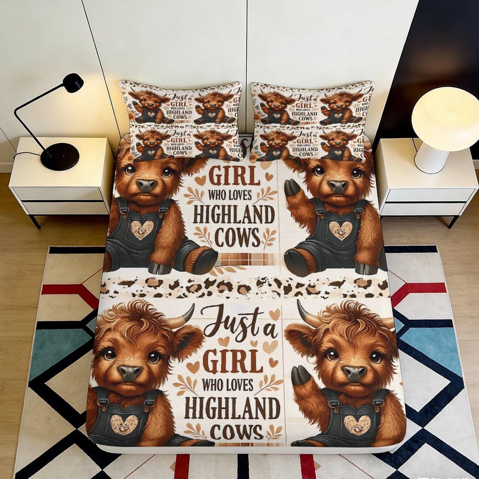 3D Printed Highland Cow Fitted Sheet Microfiber Soft Brown Cartoon Cattle Bed Cover for Bedroom Dorm Mattress Protection 90x200x25cm