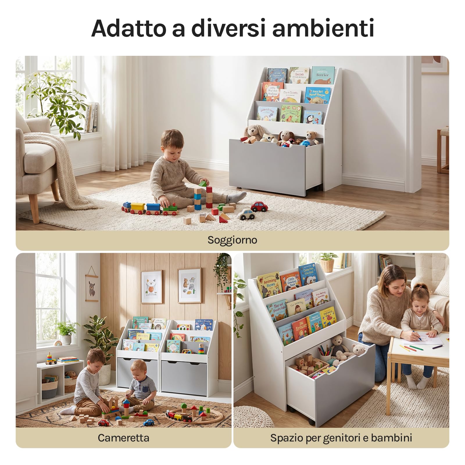 WOLTU Estantería para Niños, Librero Infantil | con 4 Ruedas y 5 Estantes Pequeños, para Habitación Organizador Multiusos, Estante de Mini Libreria, Blanca+Gris