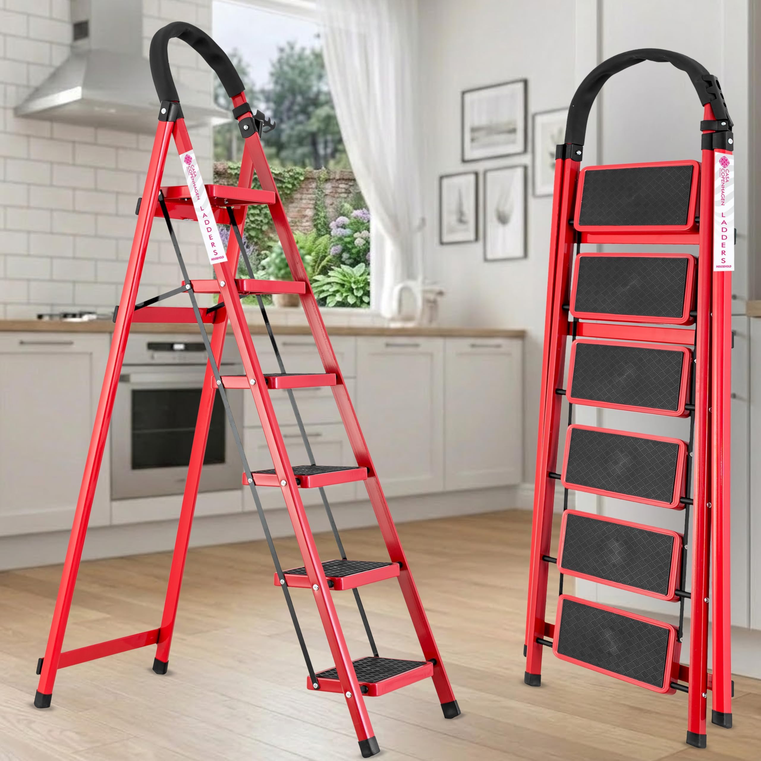 Casa Copenhagen Black 5 Step Ladder for Home Use with Built-in Tool Tray | Heavy Duty D Shape Rods | Ultra Large Platform | Wide Rubber Feet | 150Kg Capacity Foldable Ladder - 7 Years Warranty — Amazon image 13
