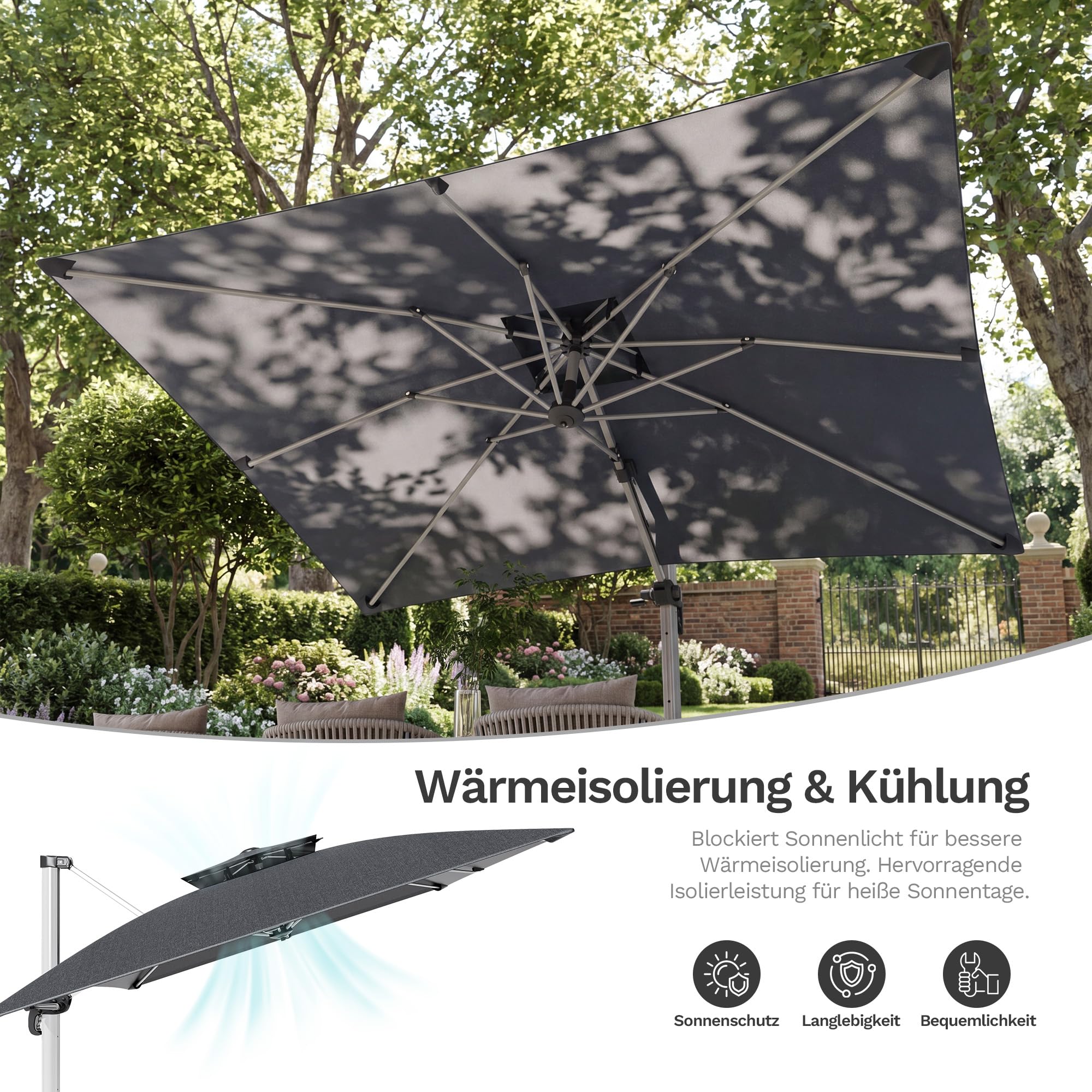JUMMICO Sonnenschirm Ampelschirm 300x400 cm, Doppeldach, Grau | Großer Sonnenschutz UV50+
