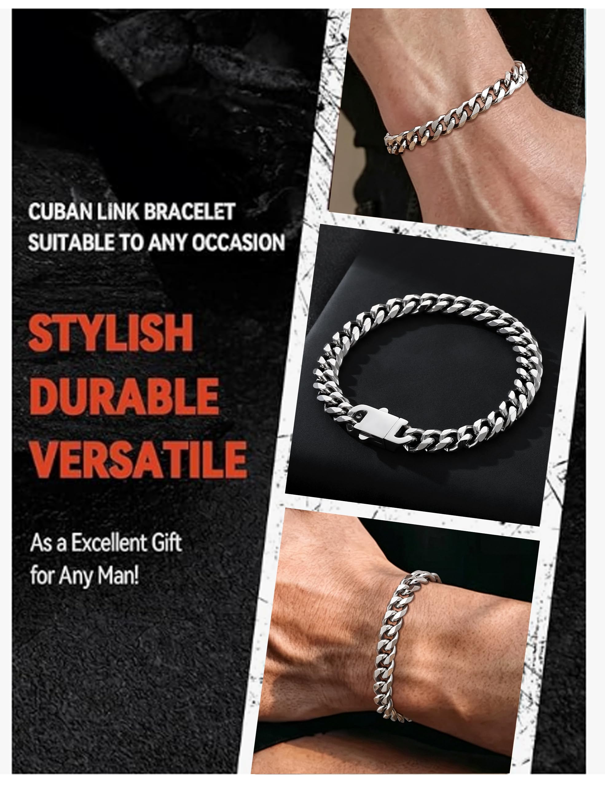 Fiusem Pulsera de eslabones cubanos de 5 mm en tono plateado para hombre