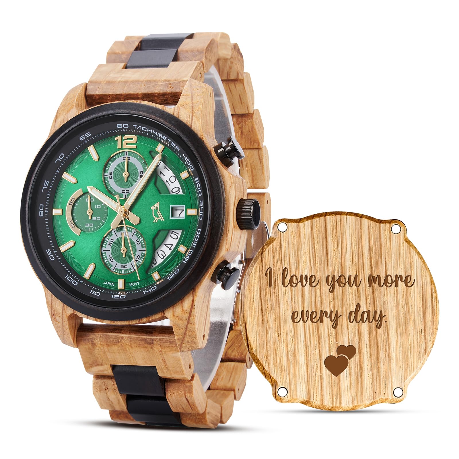 2win Reloj de madera grabado para marido y hombre, cronógrafo para hombre con llamativa esfera verde y diseño único de madera, regalo de aniversario, cumpleaños, Navidad, San Valentín para él