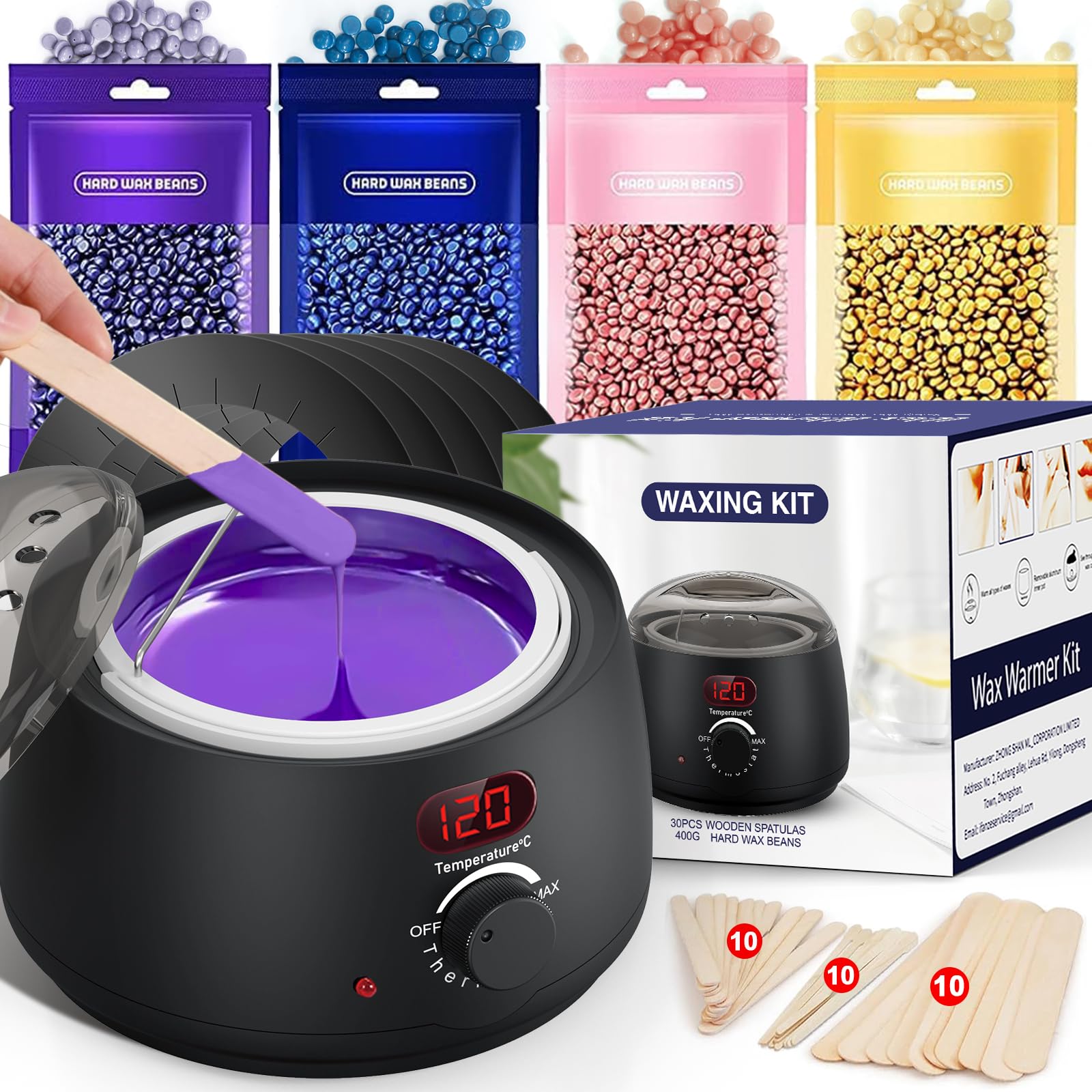 Waxing Kit for Women Men: Digital Display Wax Warmer for Hair Removal, Accurate Temperature Display, 4-Pack Hard Wax Beads, 30 Applicator Sticks - All-in-one at Home Use Hot Wax Melt Warmer