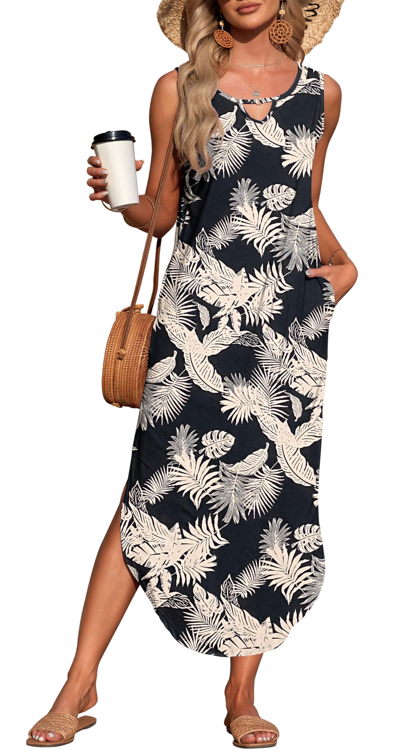 AUSELILY Womens Maxi Dress Halter Sleeveless Beach Sun Coverup Tank Holiday Split Dress with Pockets Tropical Rainforest 2XL