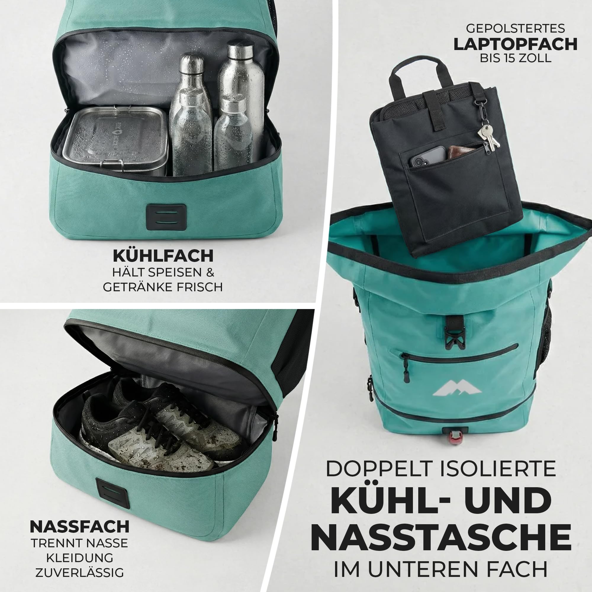 3in1 Fahrradtaschen für Gepäckträger mit Rucksack 100% Wasserdicht 30L I Kühlfach I Gepäckträgertasche Reflektierend Laptopfach Tasche fürs Fahrrad (Mint)
