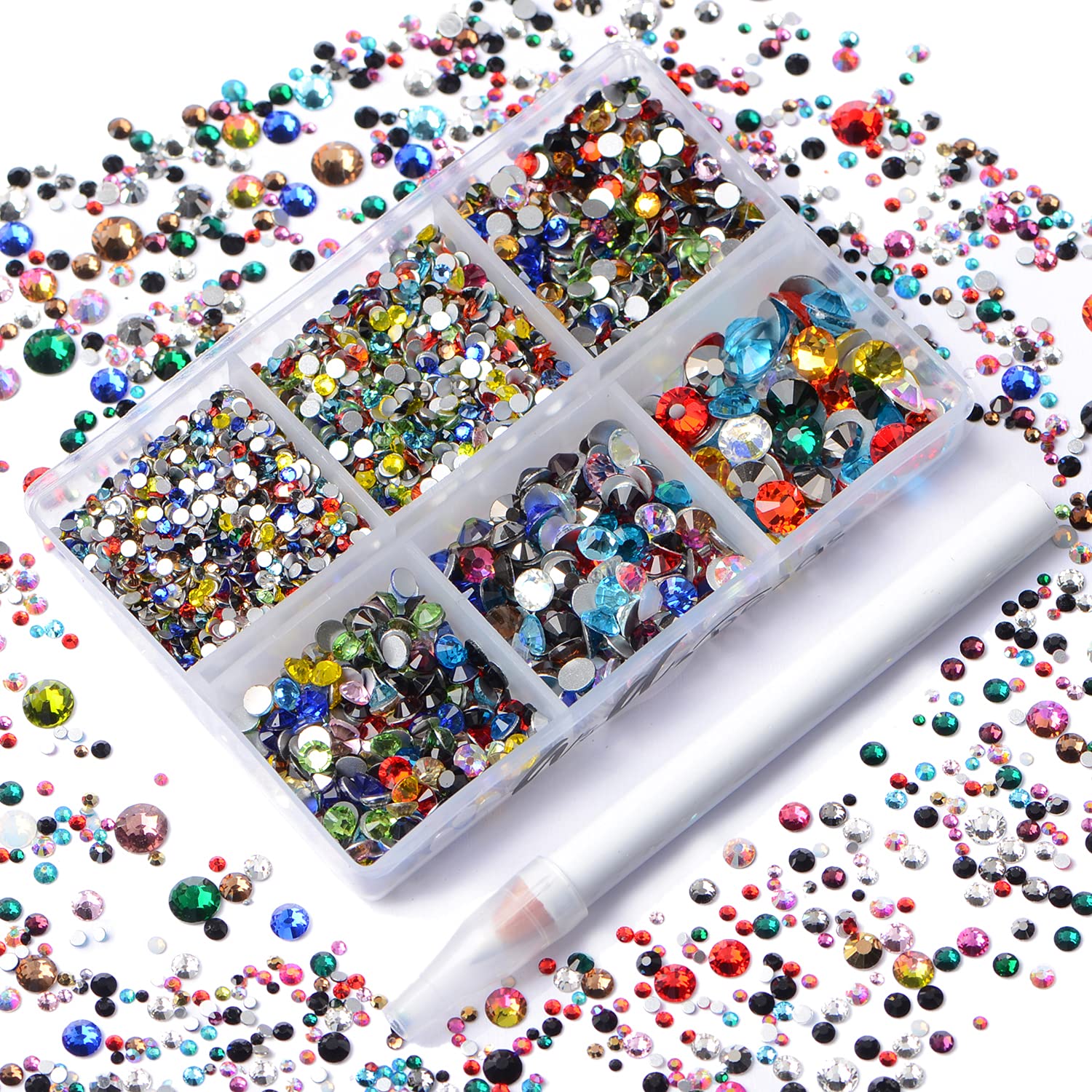 AD Beads 4300 Pieces Flat Back Nail Art Rhinestones Round Beads 6 Sizes (2-6.5mm) with Storage Organizer Box,Rhinestones Picking Pen for Nail Art