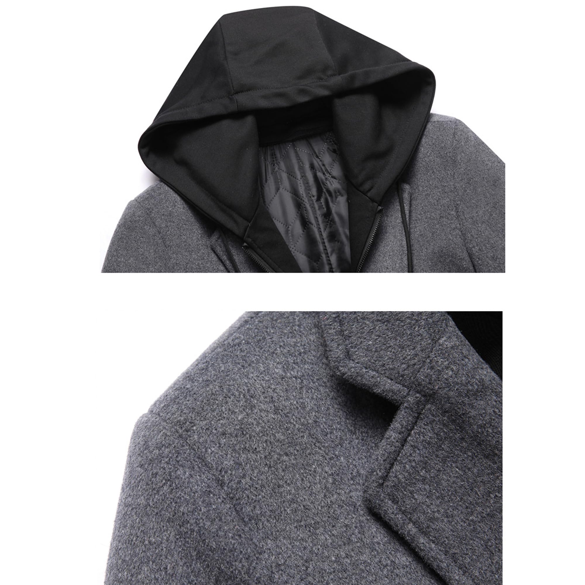 Bestgift Cappotto uomo in lana di media lunghezza con cappuccio staccabile