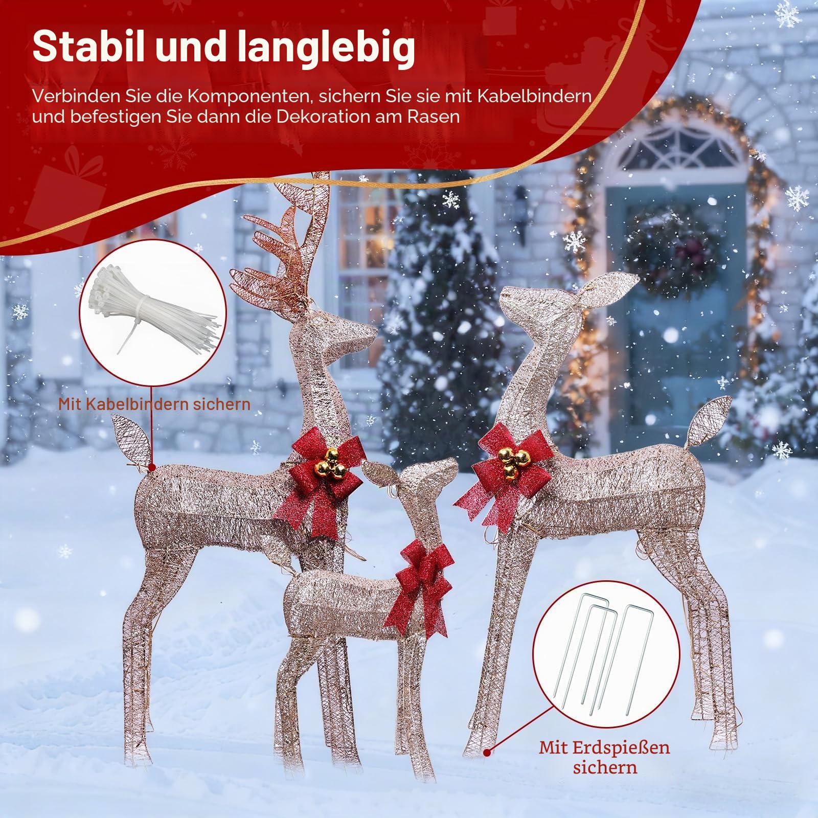 3 Stück Rentier Beleuchtet Aussen,Große Weihnachtsdekoration für den Draußen,mit 360° LED-Licht, Erdspießen, Wasserdicht, Goldfarben, für Hof, Terrasse, Restaurant Weihnachtsdeko