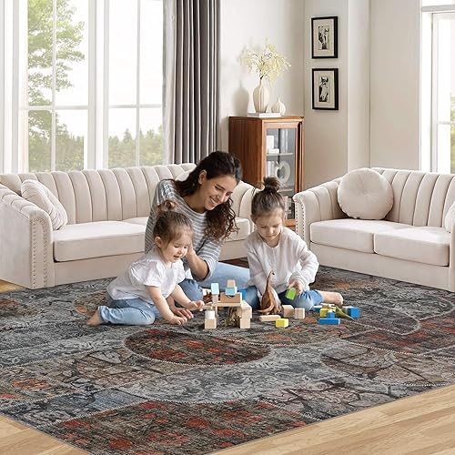 Miniatura 7 de Alfombra lavable de 8 x 10 pies para sala de estar, alfombra suave de área grande con respaldo antideslizante de pelo bajo, alfombra de retazos