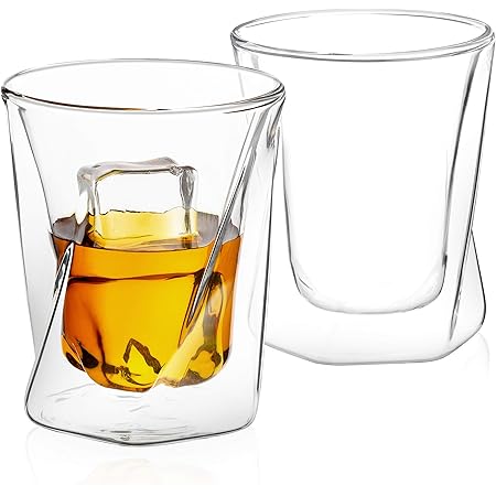 JoyJolt Lacey Whiskey Double Wall Glasses, Set of 2 Insulated Whiskey Glass, 10-Ounces.
