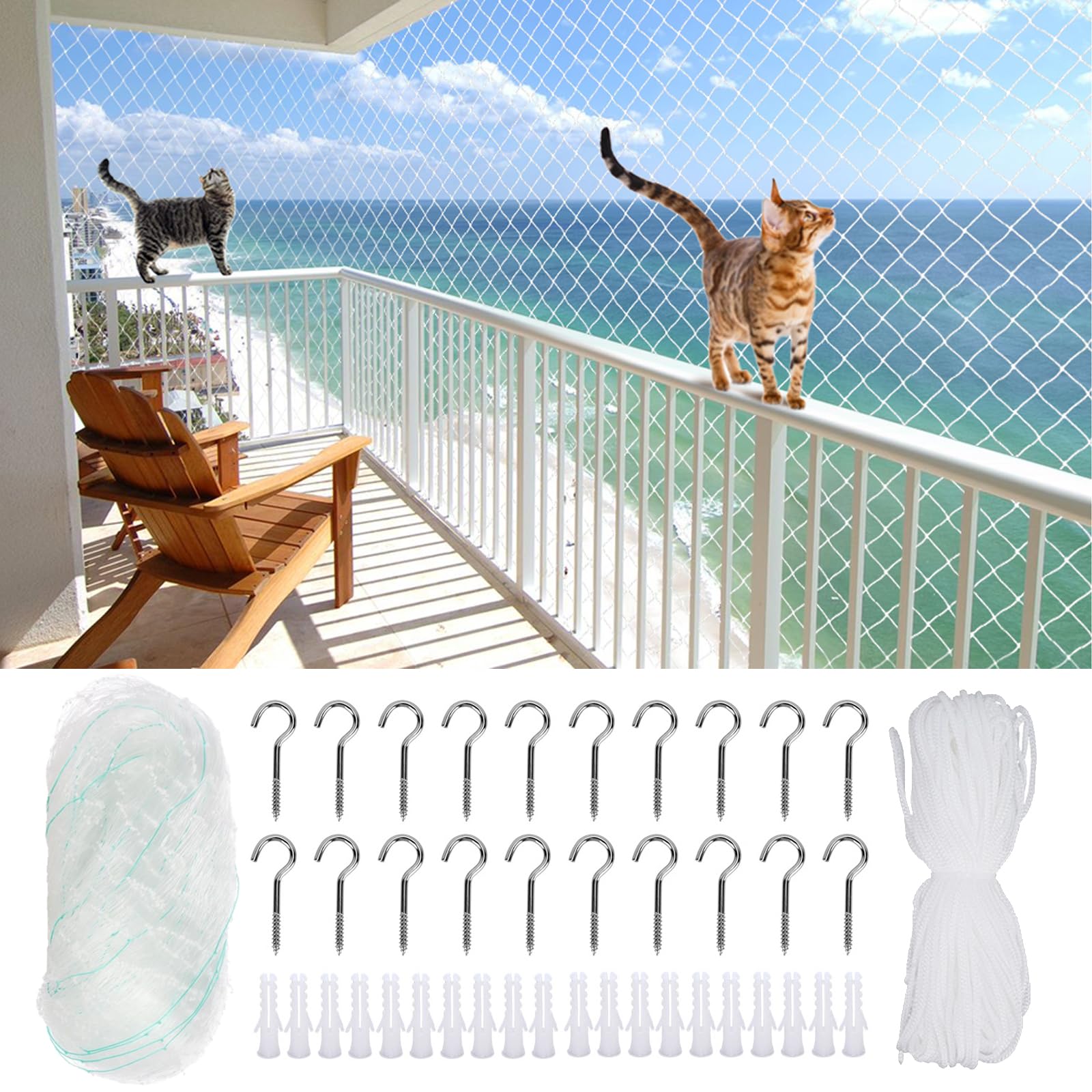 Rete Gatti, Rete per gatti, per balcone, anti uccelli e piccioni, Nuovo materiale antietà, Leggero ma resistente, Maglia quadrata da 2,5 cm, può essere riutilizzato