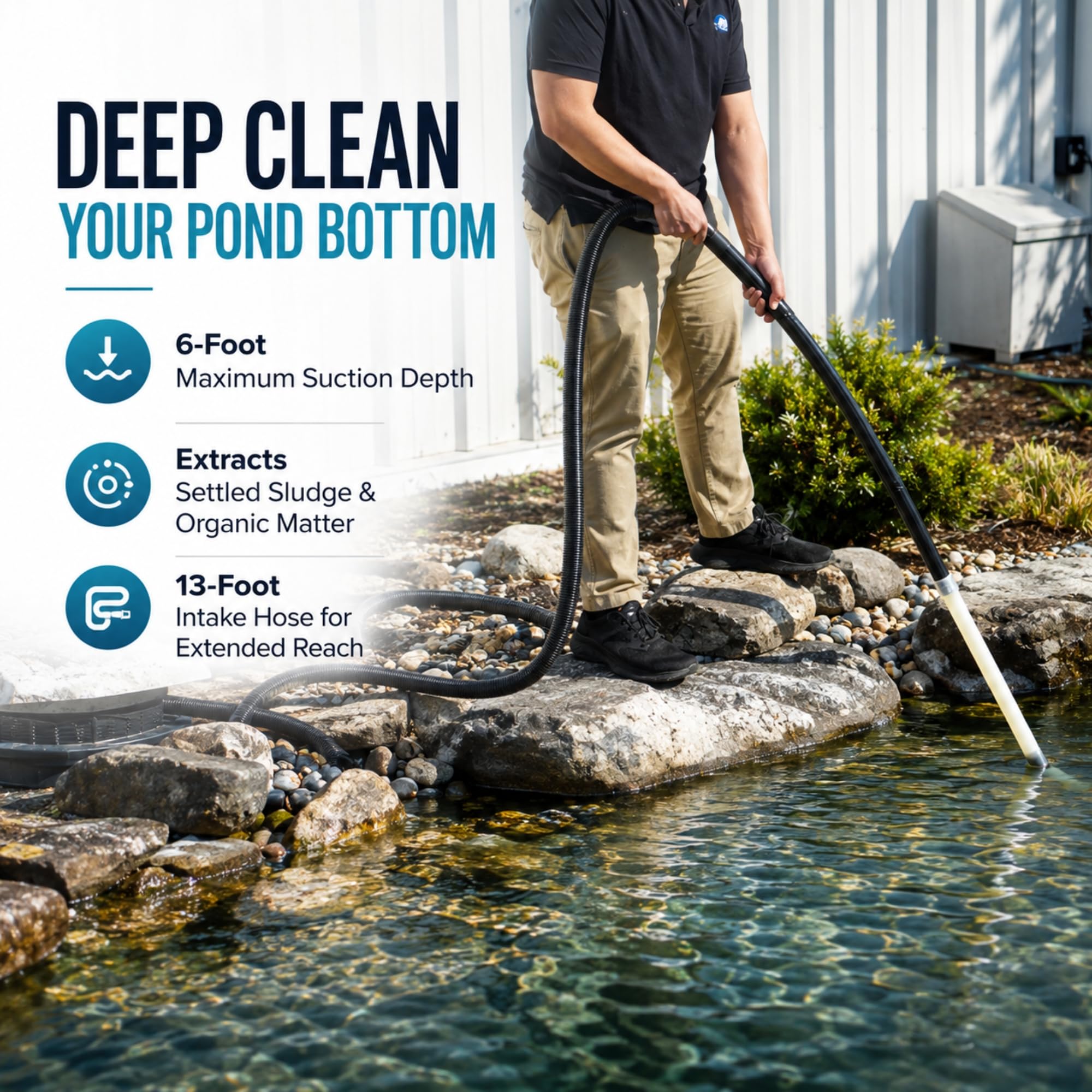 Half Off Ponds CleanSweep 1400 Teichsauger mit einem 33 cm Ansaugschlauch, 4 Verlängerungsrohren, 3 Vakuumdüsen, einem 1,8 m Langen Ausgangsschlauch und einem Schmutzfangbeutel