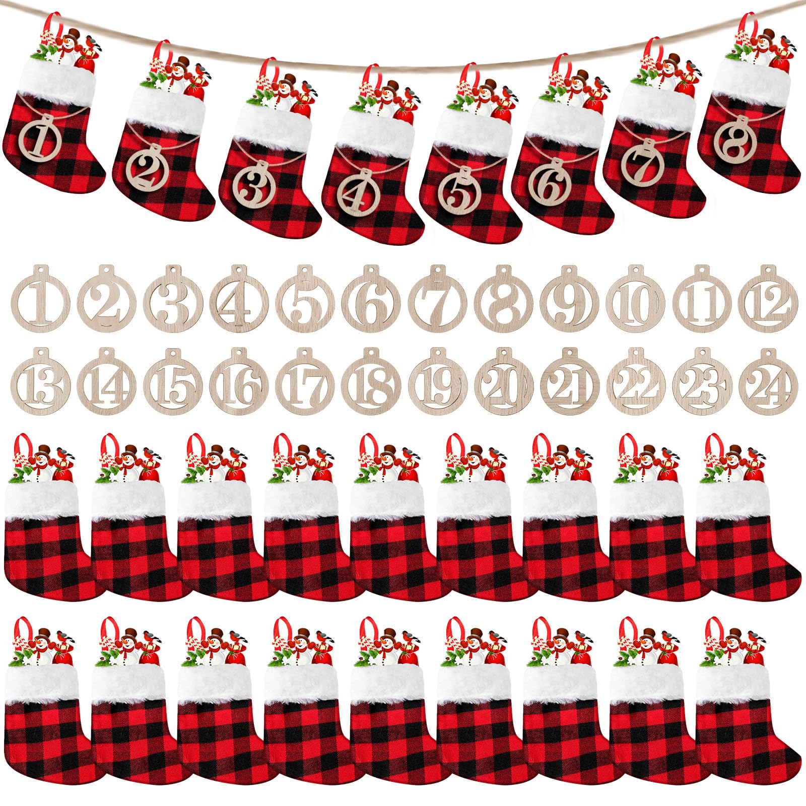 Calendario de Adviento de Navidad de 24 días con números, a cuadros, mini medias de Navidad, calendario de Adviento de madera, calendario de cuenta regresiva, bolsas de regalo para adultos