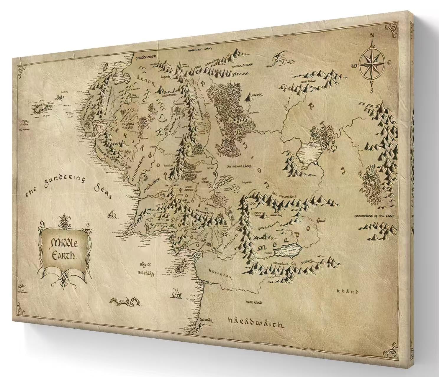 Danhonart Lord Map of Middle Earth Frame Poster Canvas Wall Art Prints Room Decor -12x18 Inches