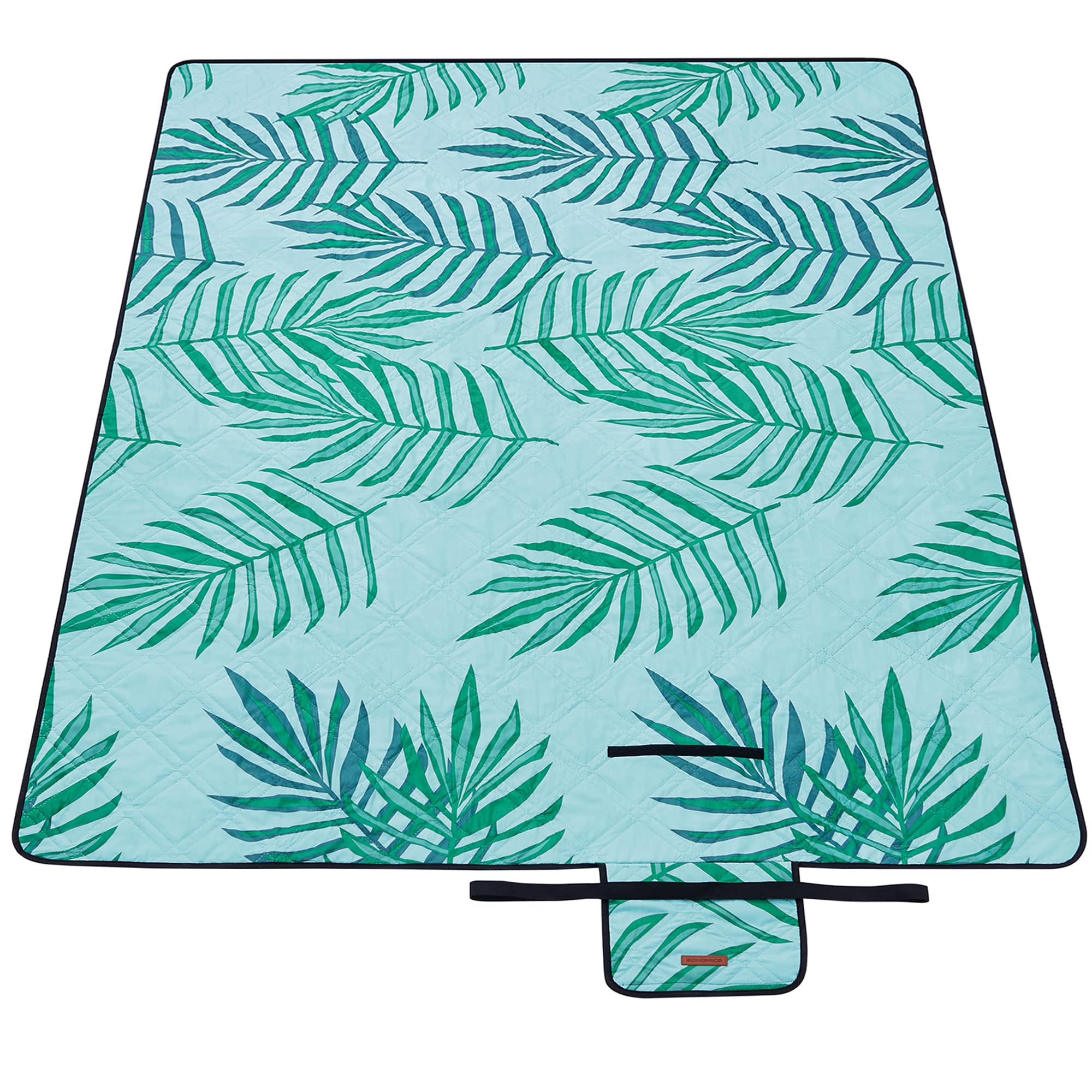SONGMICS Picknickdecke, 300 x 200 cm, großer Teppich, für Camping, Park, Garten, Strand, wasserabweisend, maschinenwaschbar, faltbar, Farnmuster und Hellblau, GCM001Q03