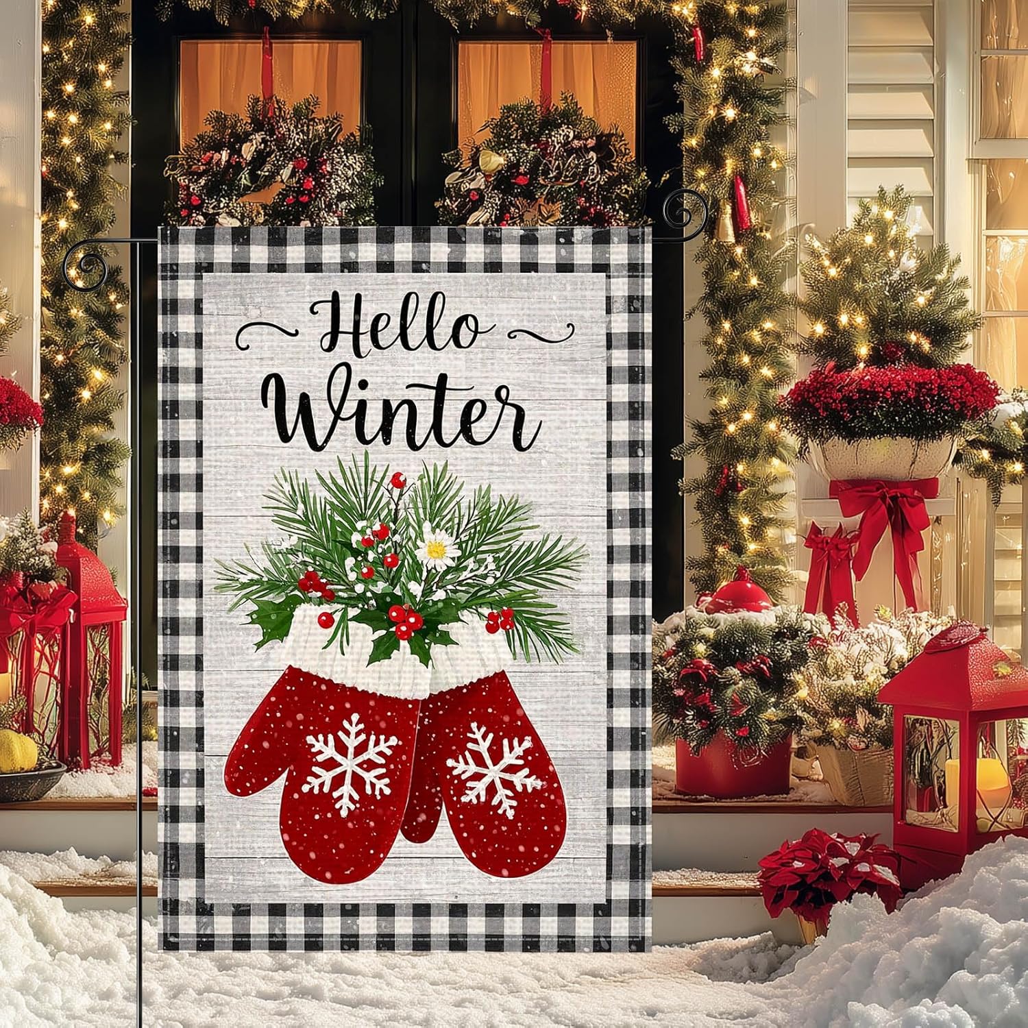 Hallo Winter Garden Flag 12x18 Inch Mittens Welcome Garden Flags Burlap Double-Sided Snowflakes Poinsettia Holiday Decoration Banner Merry Christmas Flag for Yard Lawn Decoration - Image 7
