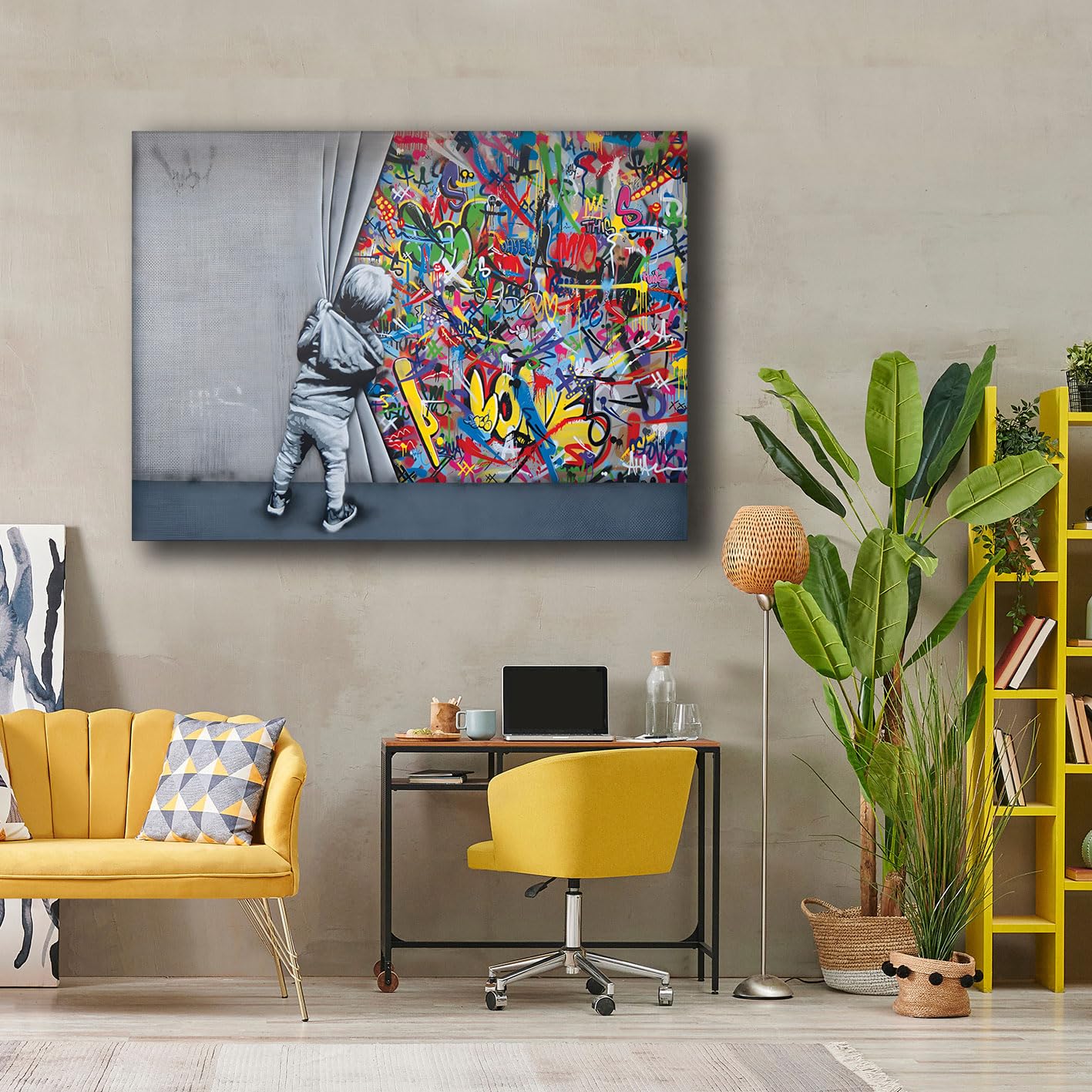 Printerland Quadri Moderni Soggiorno Bambino apre sipario Banksy stile Quadro moderno da Parete XXL grande Stampa su tela Canvas Decorazione Murale muro Arredo Camera da letto Cucina (30x40 cm, 1)