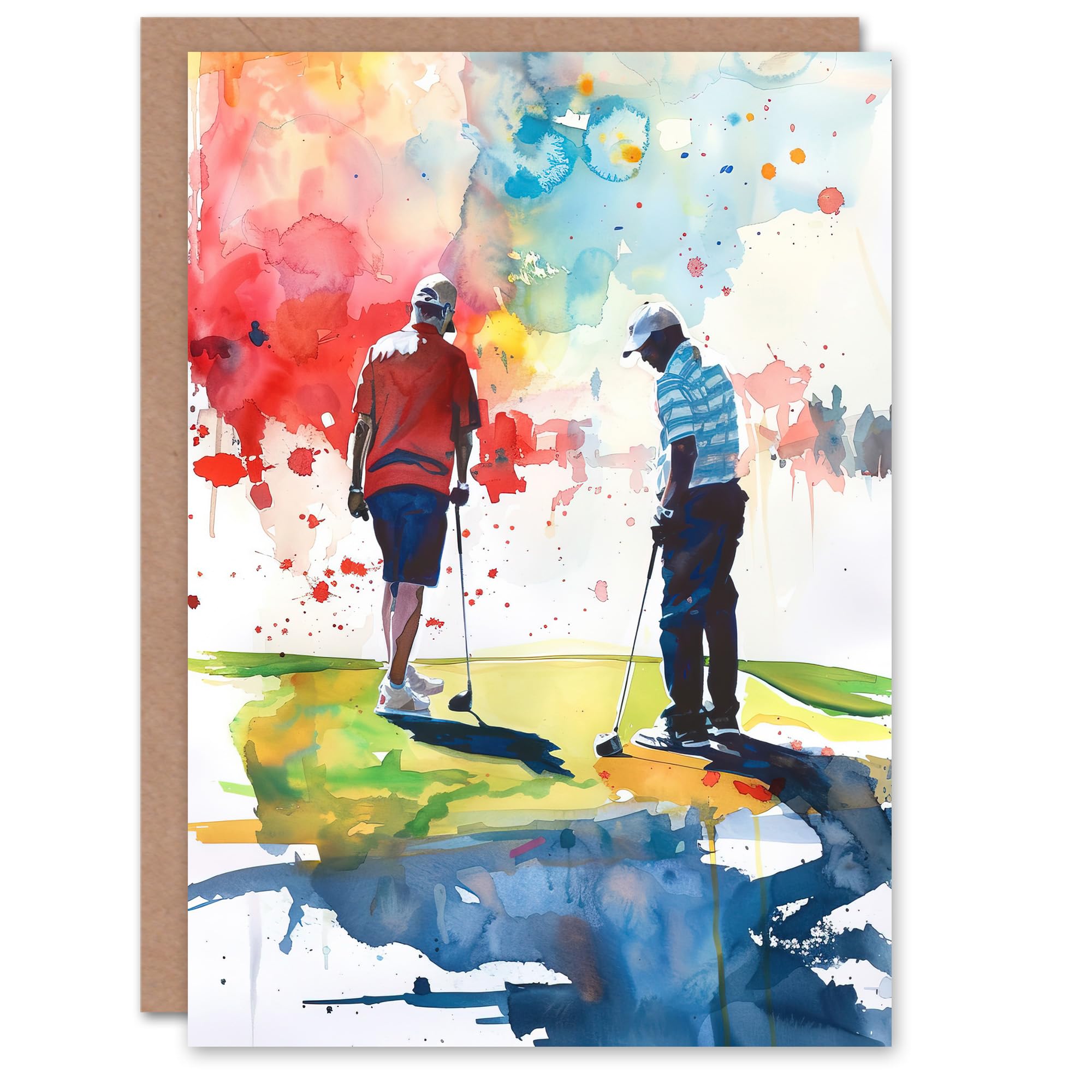 Artery8 Two Friends Golfing Putting Watercolour in Sun Greeting Birthday Card Him Her All Blank