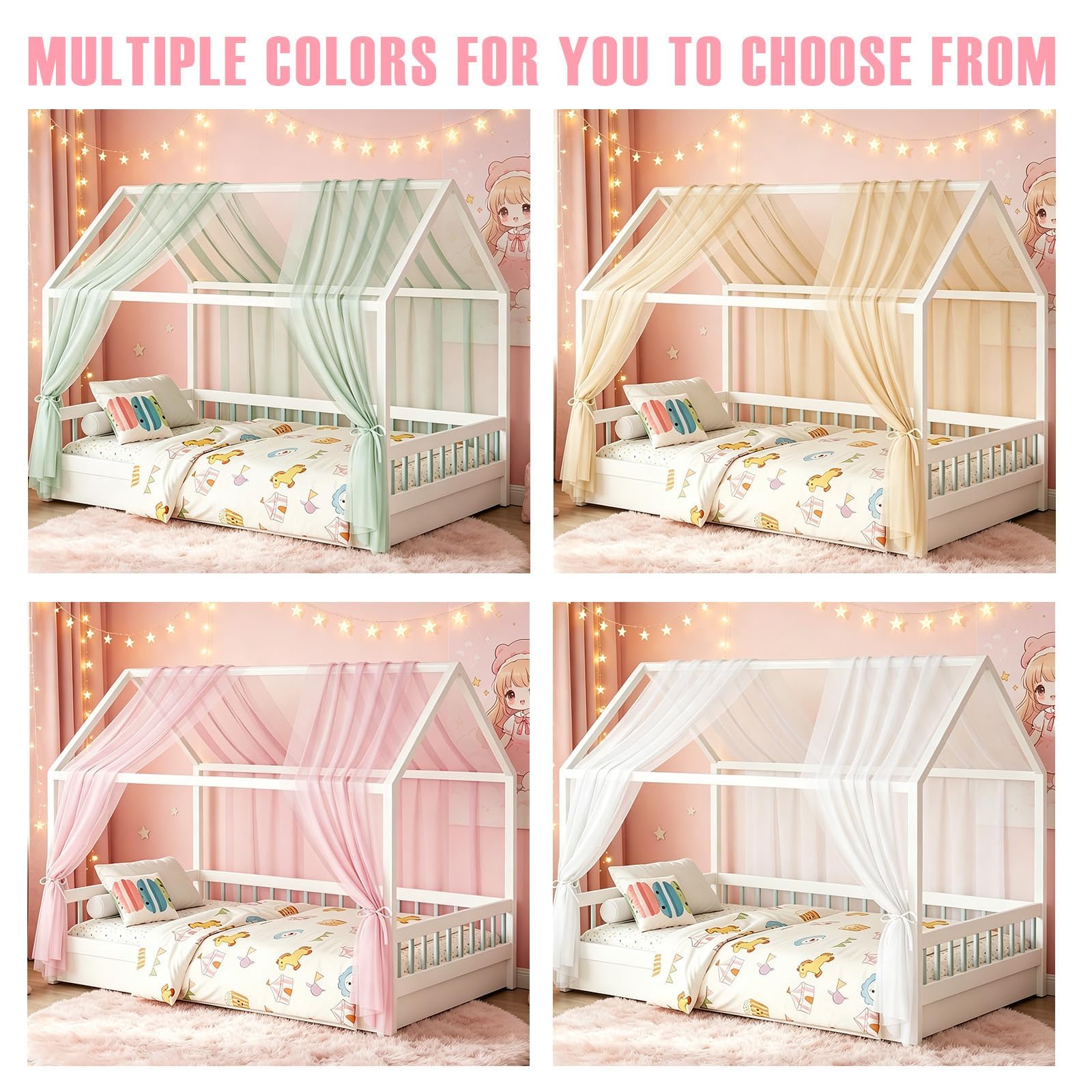 MeYuxg Lot de 2 Baldaquins de Lit de Maison pour Décoration de Lit de Maison, 150 x 350CM Anti-Moustiques Ciel de Lits en Coton Bio, Rideau de Lits Respirant en Mousseline pour Enfant (Vert)