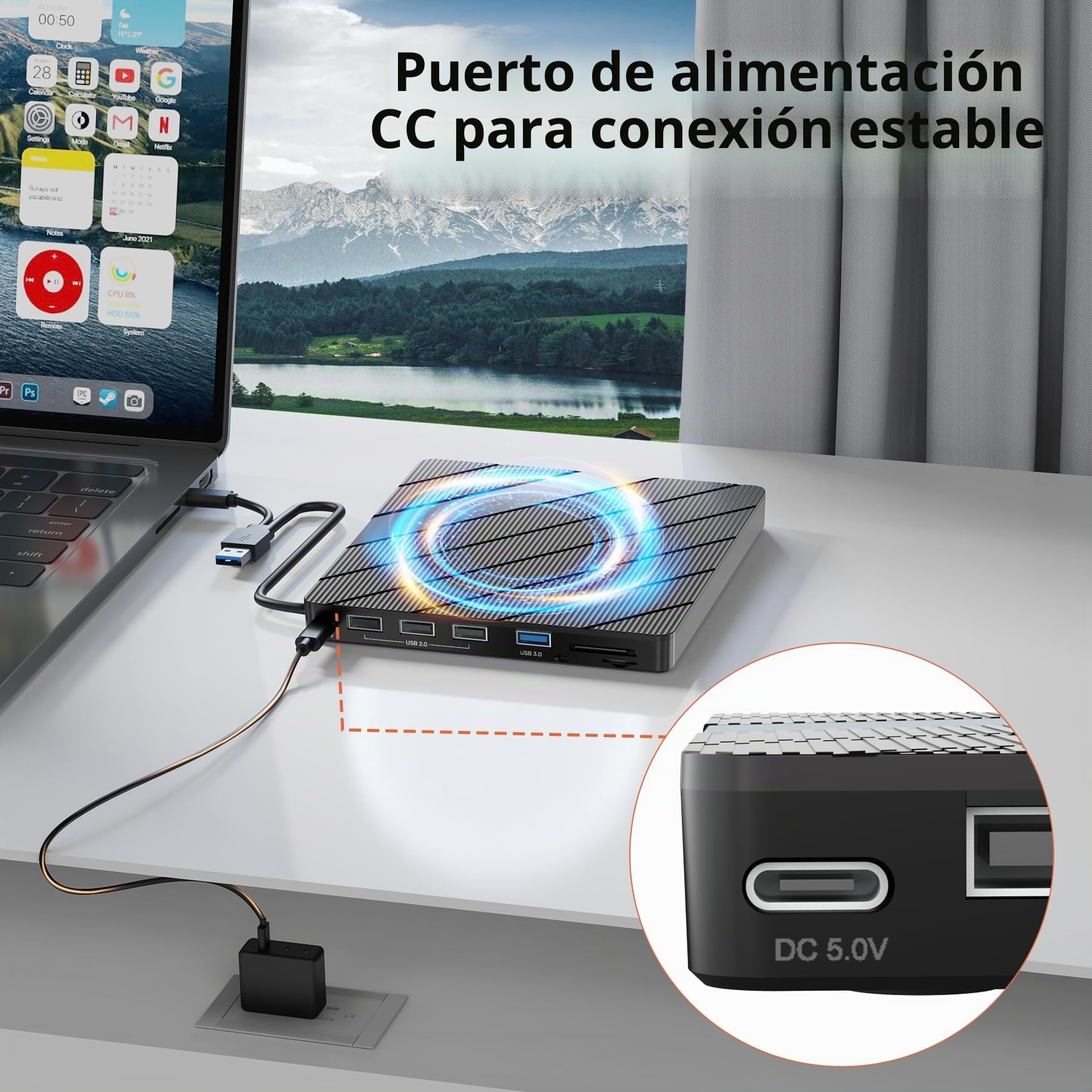 Alxum Unidad de DVD Externa para Ordenador portátil, con Lector de Tarjetas SD y TF y Puertos USB 2.0 USB 3.0, Unidad de CD Externa, USB y USB C para Ordenador portátil, Escritorio, MacBook, Windows