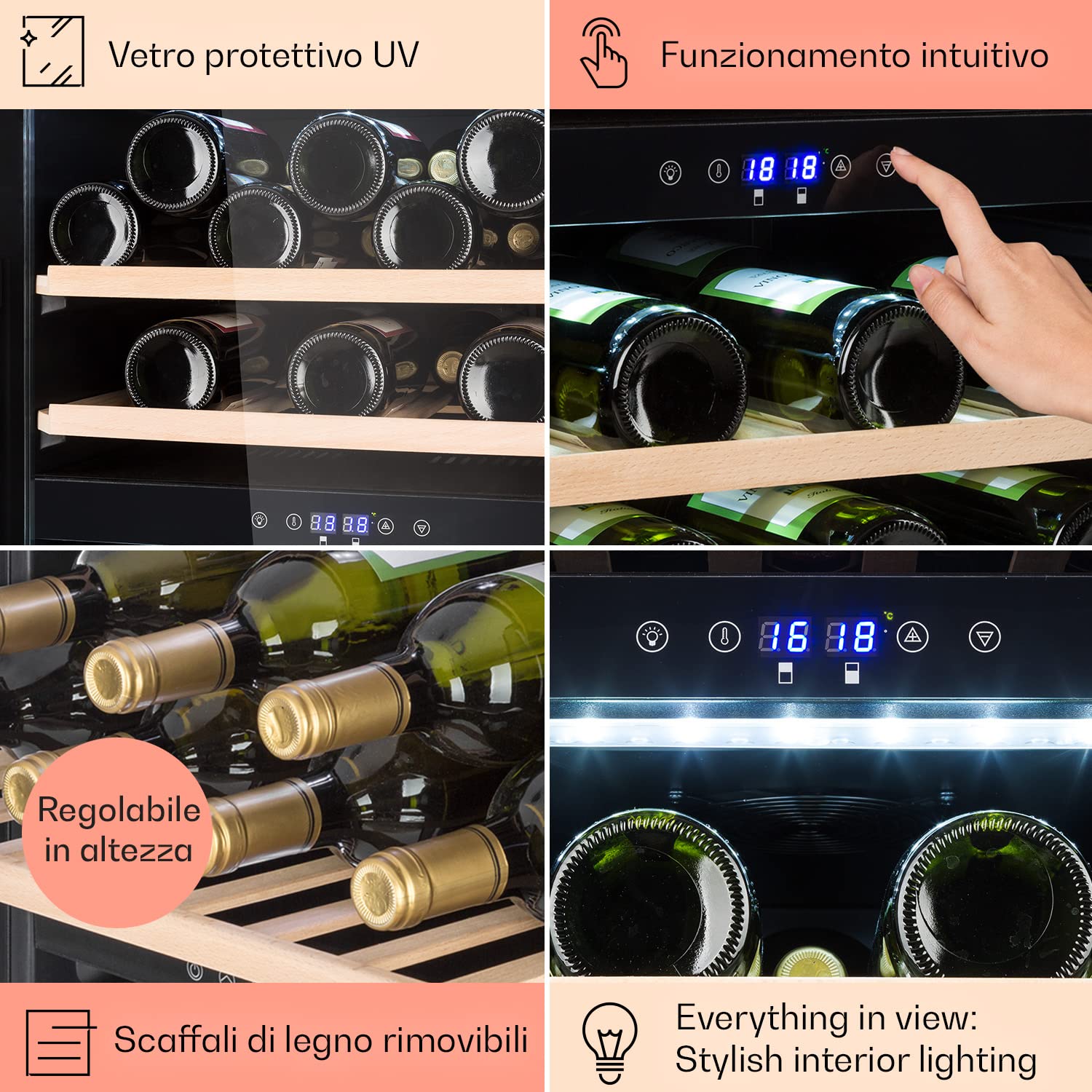 Klarstein Cantinetta Vino, Cantinetta Vino Refrigerata a Zona Singola per Interno/Esterni, Frigo Bar, Cantina Vino con Vetrina, Mini Bar con Protezione UV, Frigo Vino Touch, 4-18°C, 54 Bottiglie