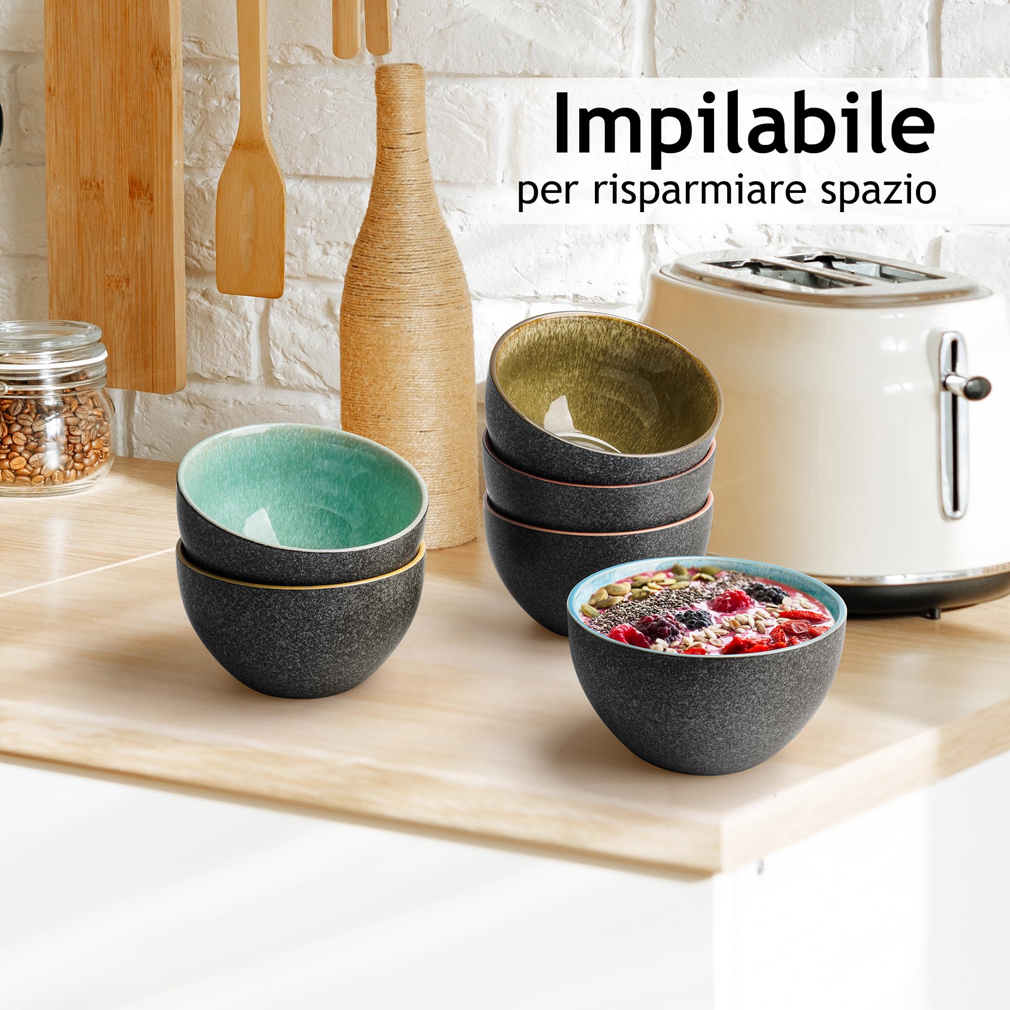 MIAMIO - 750 ml, Set di 6 ciotole, ciotola in ceramica, ciotola per insalata, ciotola per zuppa, ciotola per cereali - Adatto per microonde e lavastoviglie - Collezione Las Palmitas