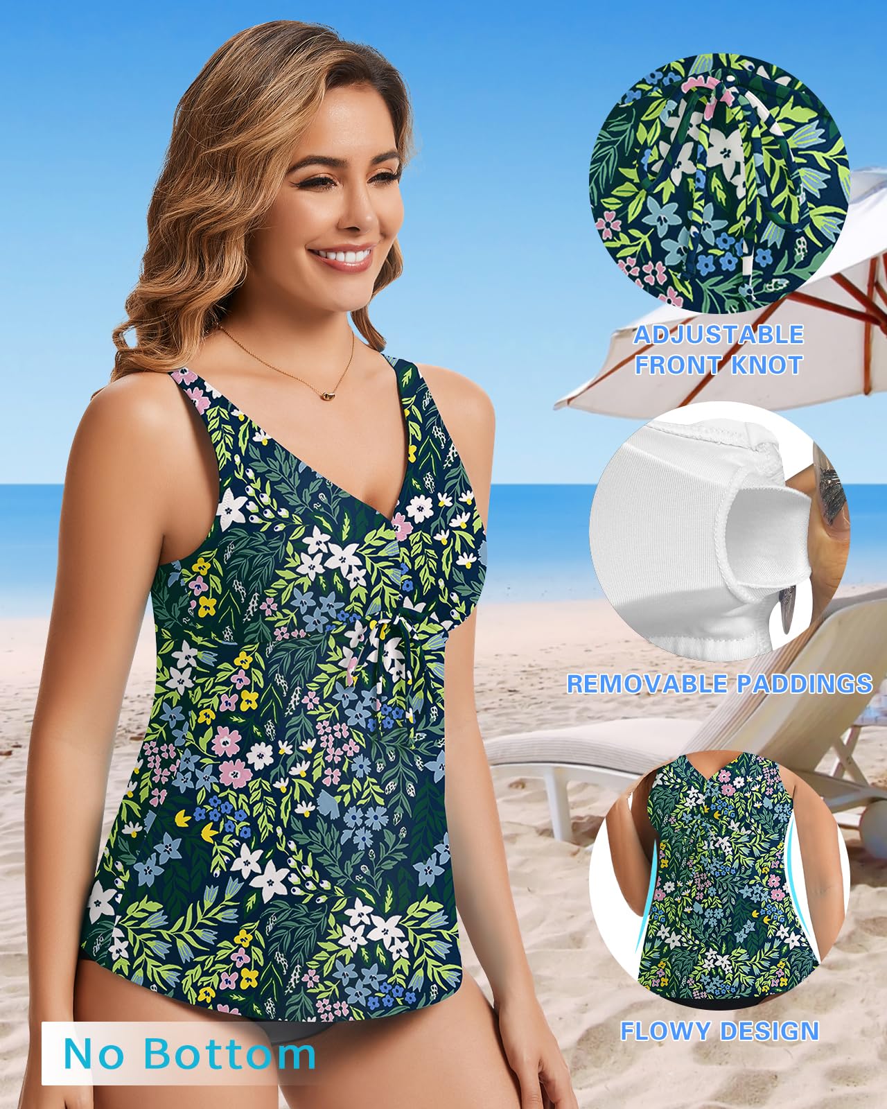 WOWENY Tankini Top da donna singolo, snellente, sexy, scollo a V, sportivo, con coppe ad asciugatura rapida