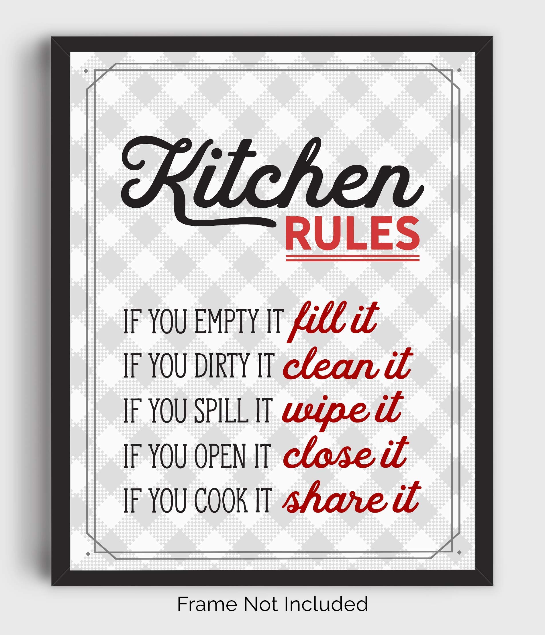Red Retro Kitchen Rules Wall Art Print - 8x10 UNFRAMED Gray, Red & White Funny Kitchen PHOTO PAPER Print for Modern Farmhouse, Rustic, Vintage, Cottage, Country Decor.