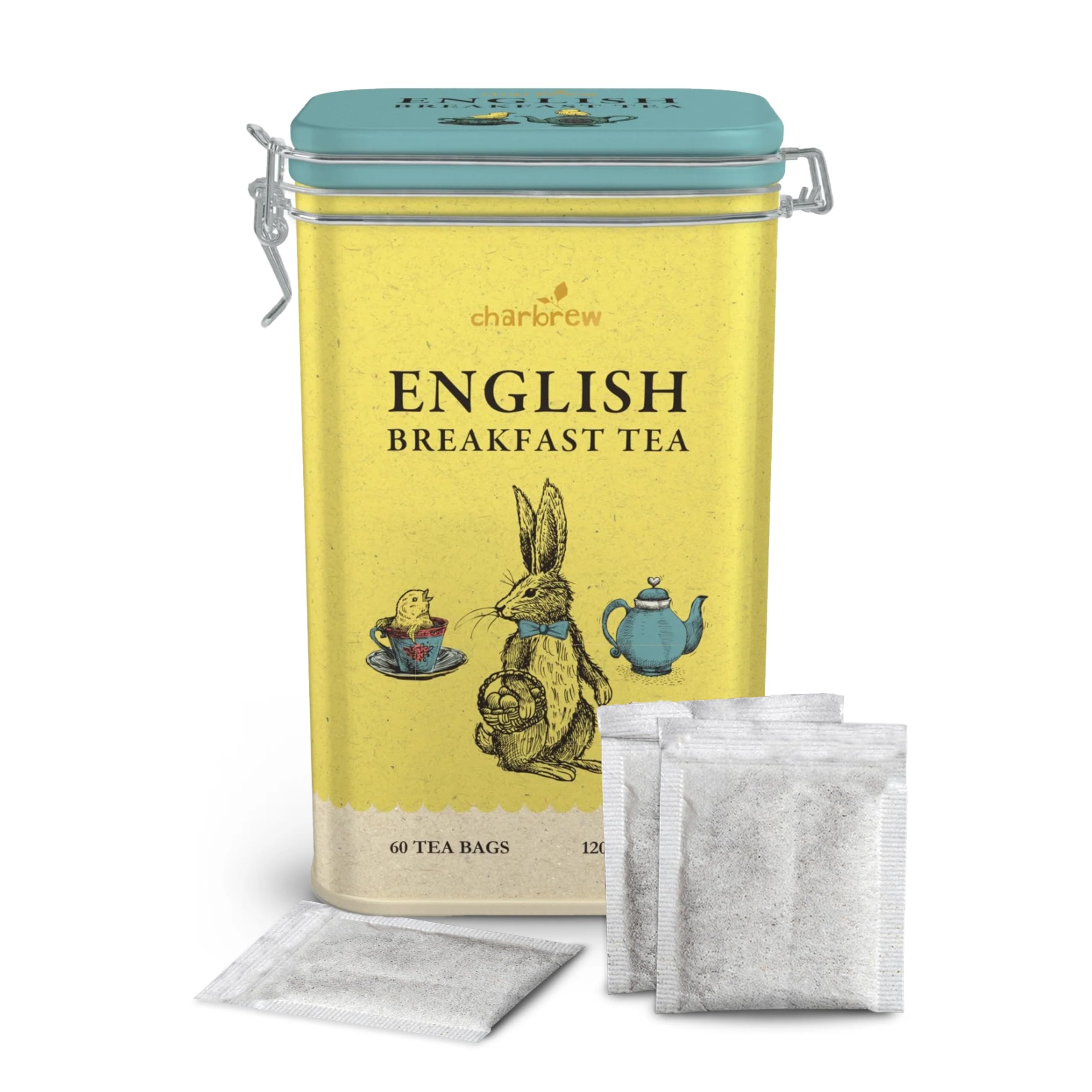 Charbrew Rabbit English Breakfast Easter Bunny Metal Tea Tin Caddy Gift – 60 Teabags Black Tea Blend