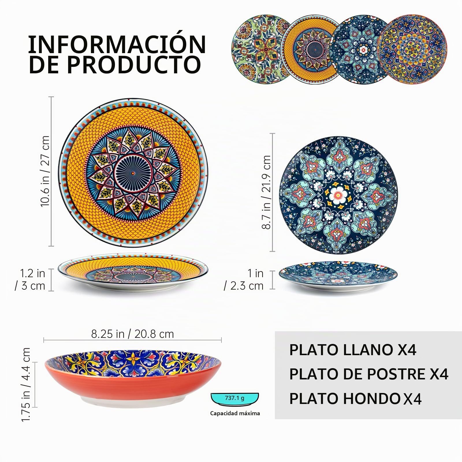 HENXFEN LEAD Juego de vajilla de porcelana 12 piezas, colorido para 4 personas, platos pintados a mano, cuenco de sopa, estilo bohemio