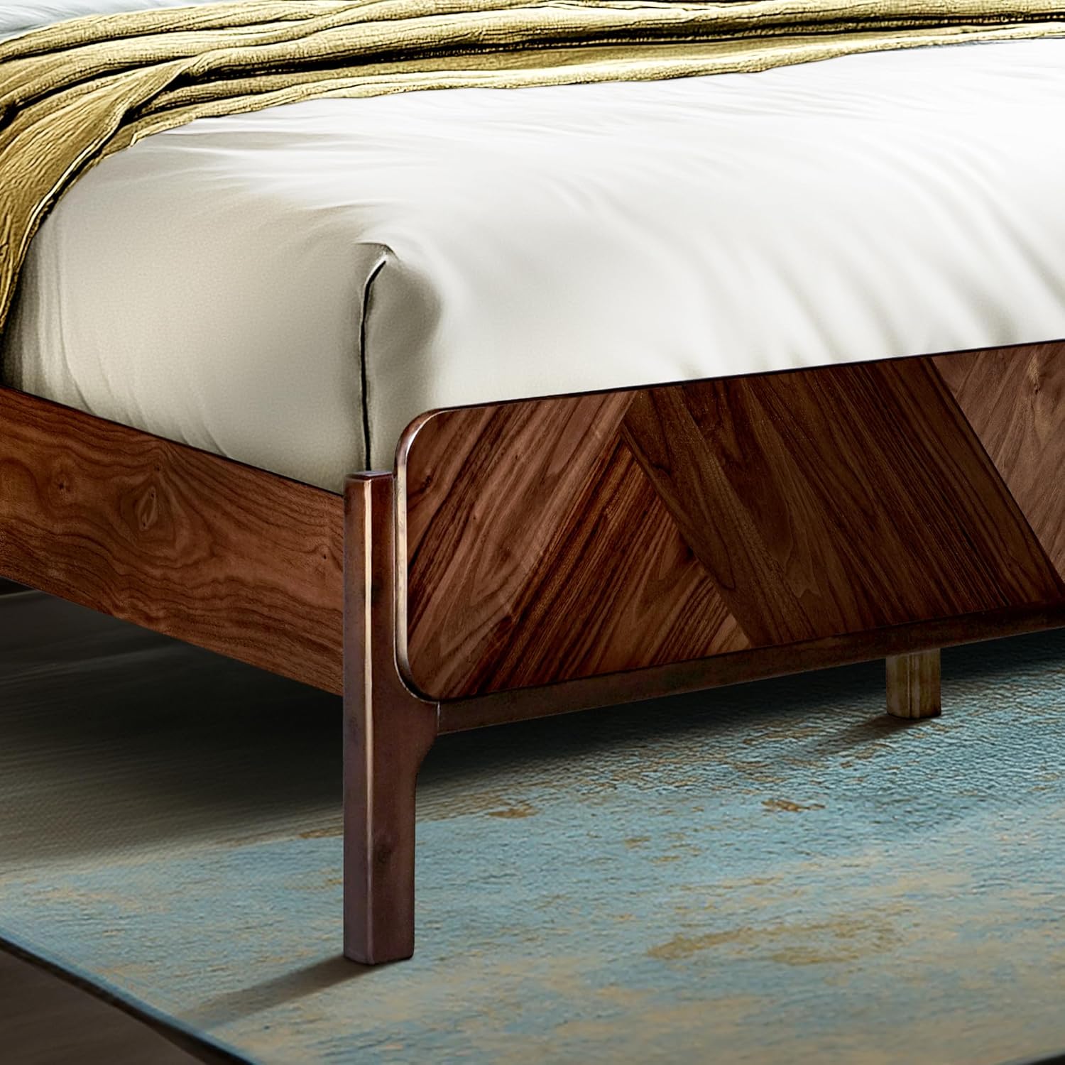 Bifrost Solid Acacia Wood King Platform Bed Frame with Headboard and Footboard, Mid-Century Art Deco Design, No Box Spring Needed, Supports Over 800 lbs, Easy Assembly, Walnut
