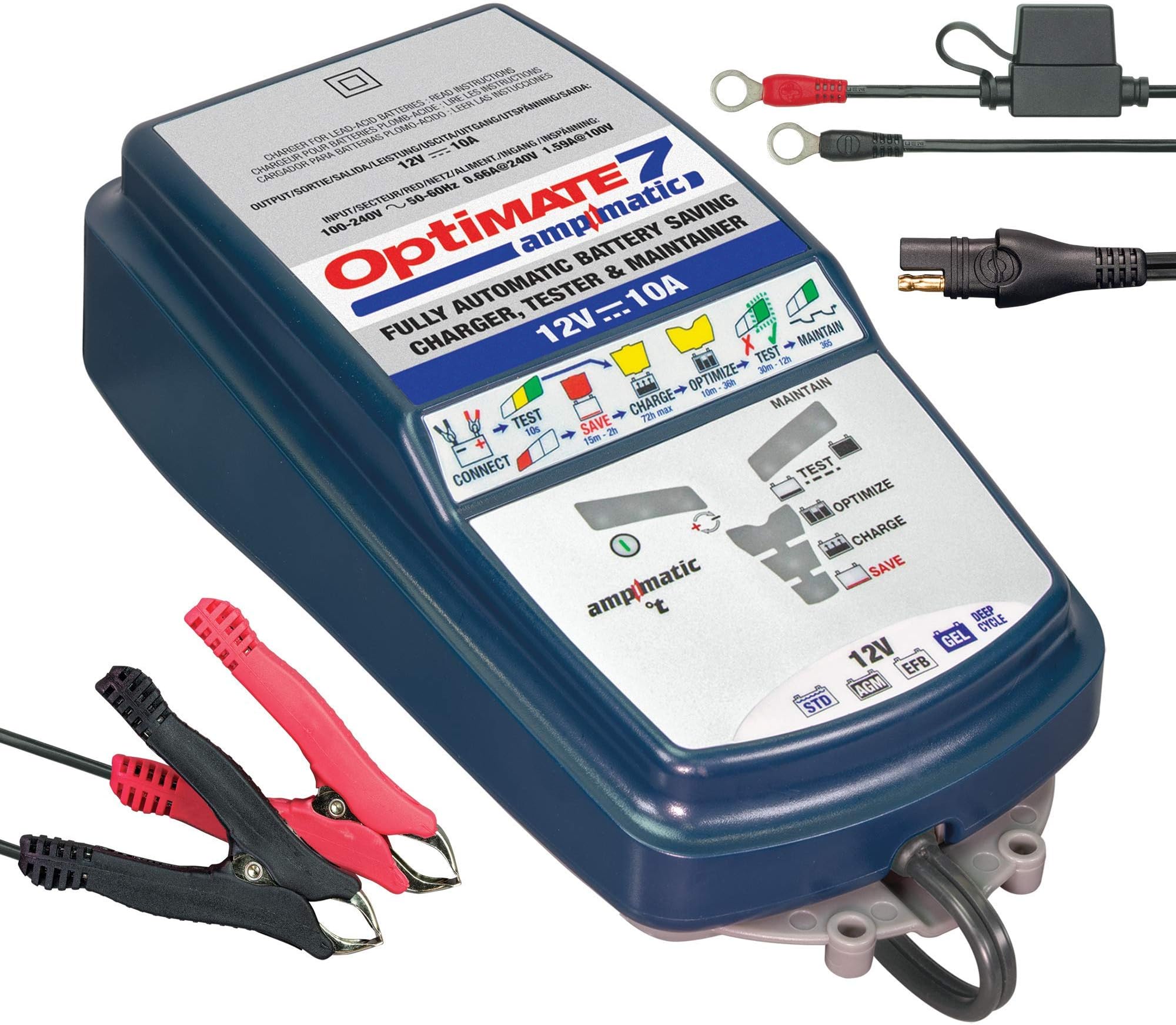 OptiMATE 7 Ampmatic, TM-255, 9-step 12V 10A sealed battery saving charger & maintainer