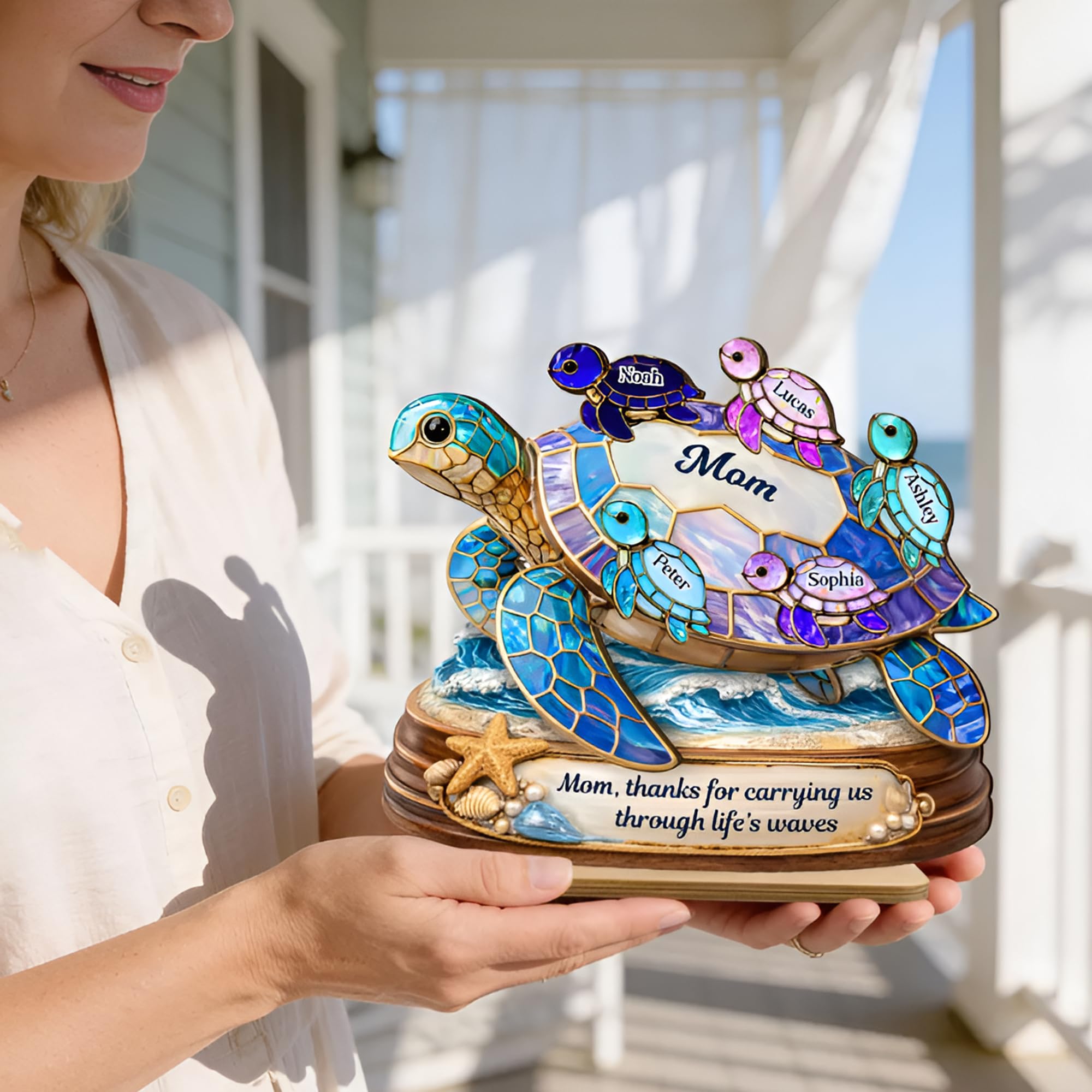 Personalized Mom And Kid's Name Wooden Plaque, Thanks For Carrying Us Through Life's Waves Wooden Sign, Gifts For Mothers Day, Birthday, Christmas, Mom Keepsake Decor Style 1 - 4