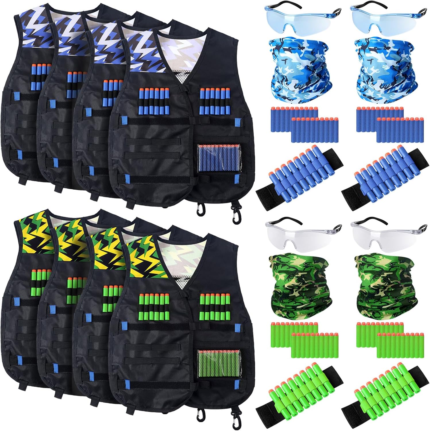 Sosation 12 Sets Kids Tactical Vest Tactical Party Supplies Favor Accessories, Face Mask Wrist Holder Toy Gift (Green and Blue)