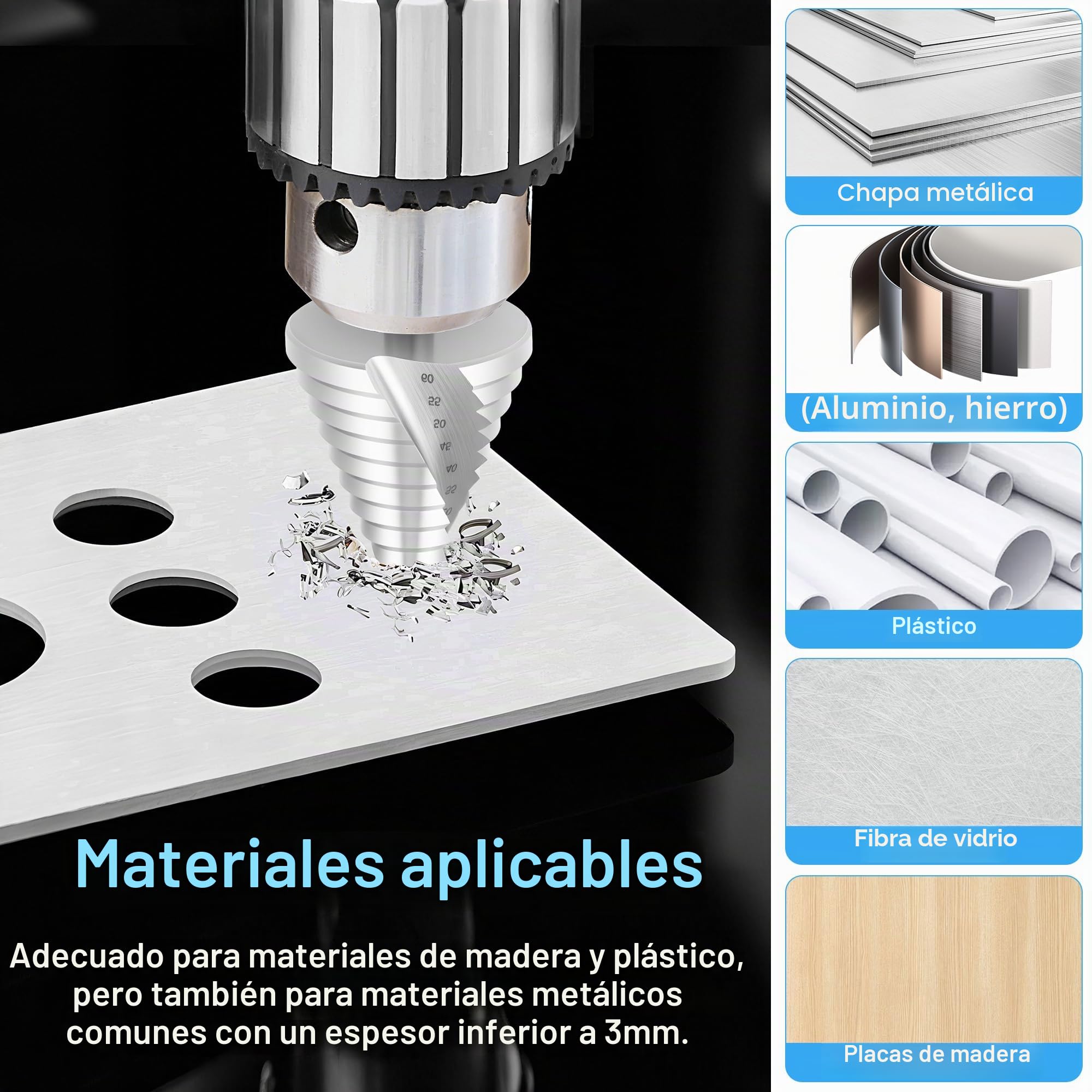 JIZZU Brocas Escalonada, Broca HSS de 12 Pasos, 6-60 mm, Broca Escalonada Para Metal, Vástago de 13 mm, Broca Conica, Acero Inoxidable, Plástico, Madera