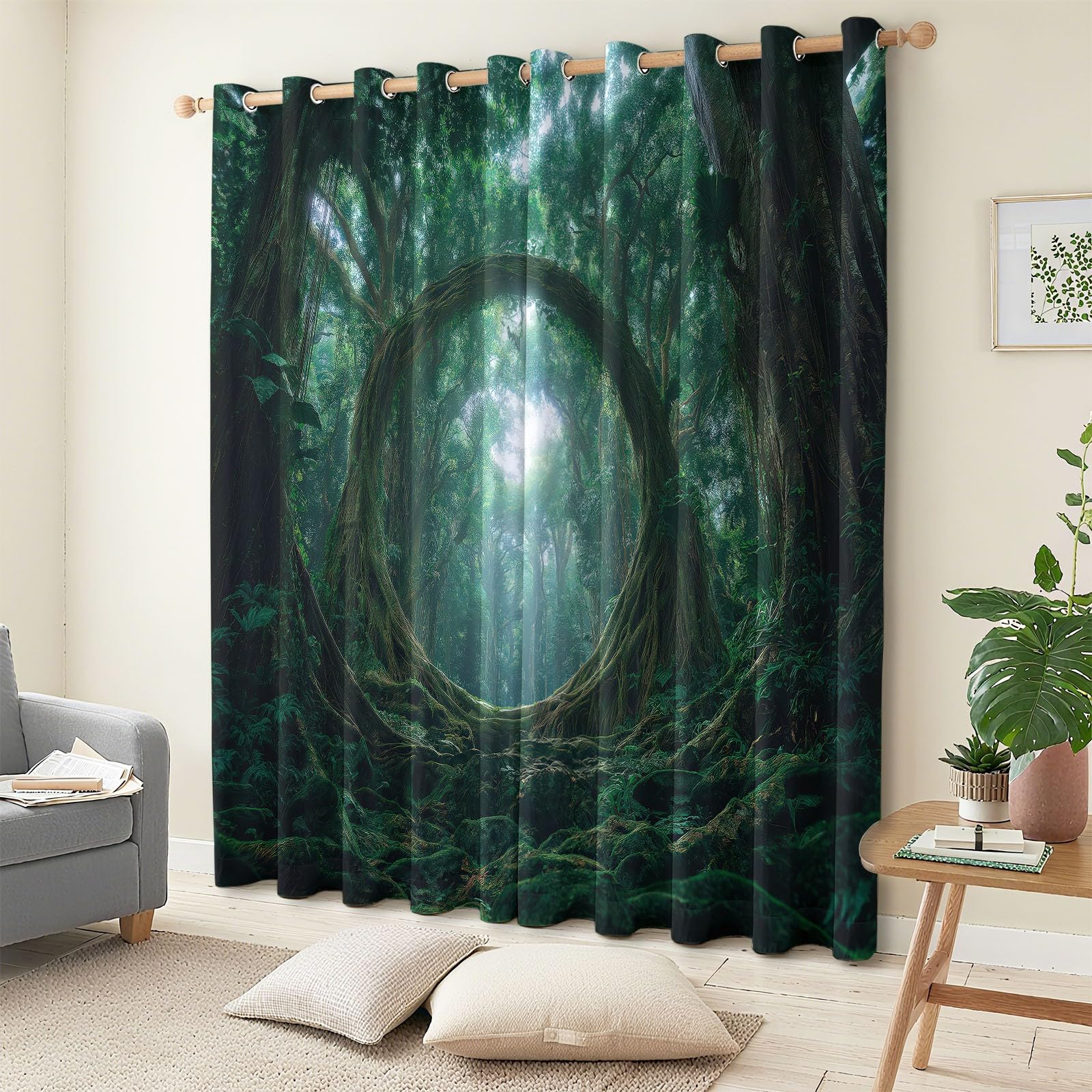 Zasłona nieprzejrzysta na przelotkach, bajeczna dżungla, magiczny las, zasłona zaciemniająca, do salonu, wys. 214 x szer. 183 cm, zielona, poliester, izolacja akustyczna, do pokoju