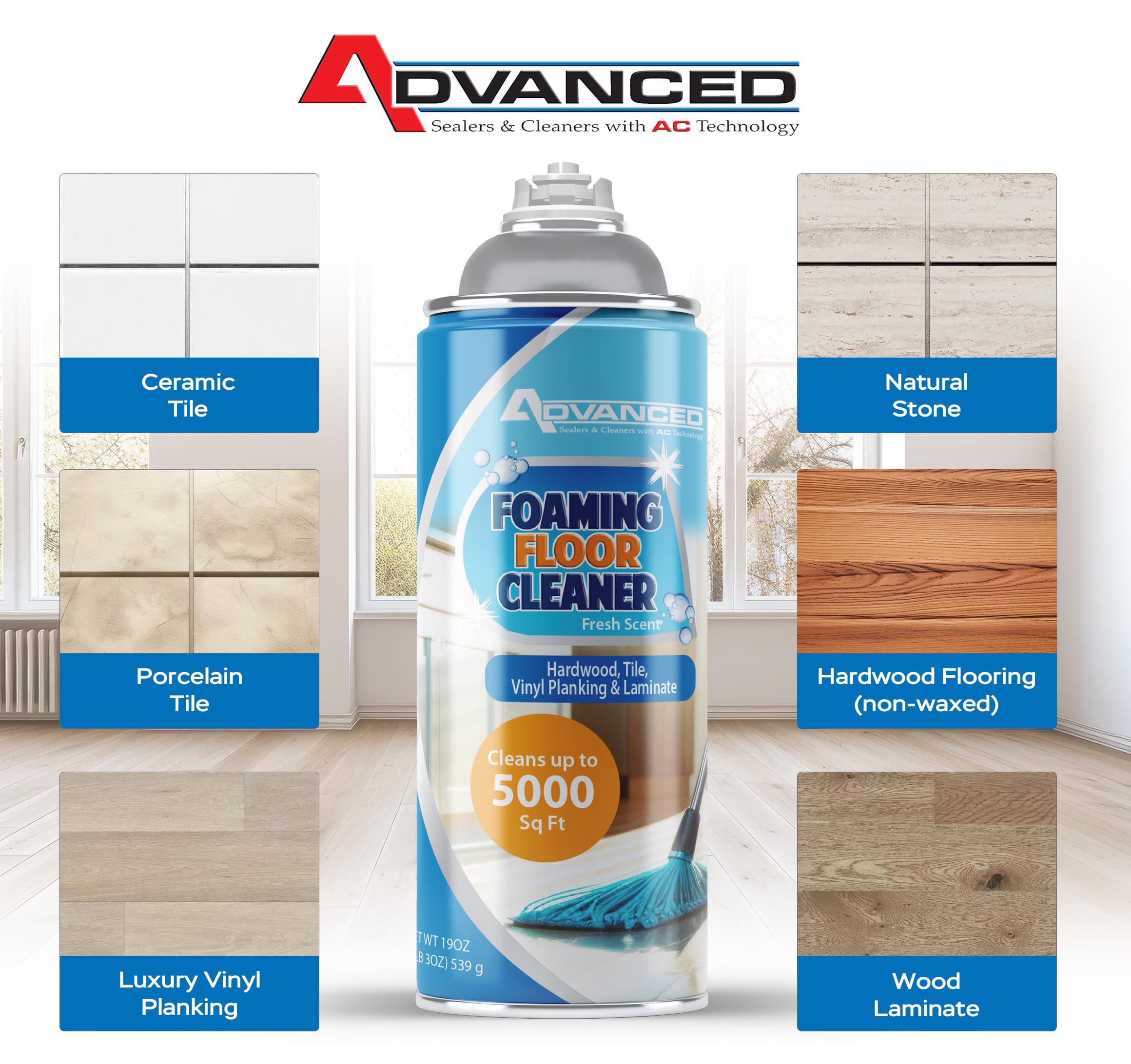 ADVANCED SEALERS & CLEANERS Aerosol Foaming Floor Cleaner - No Rinse Multi Surface Cleaner for Porcelain, Vinyl, Laminate, Tile, & Hardwood 19 oz
