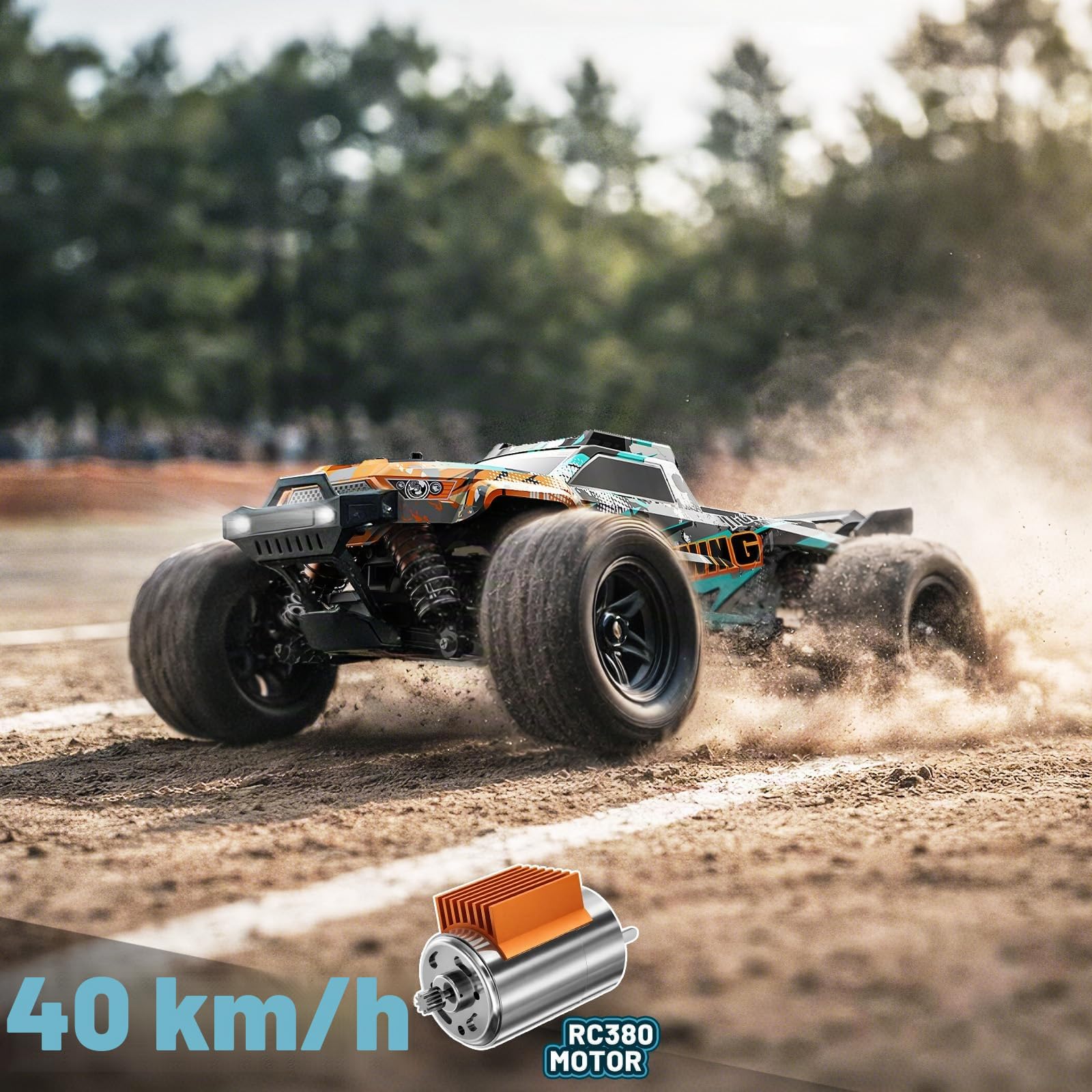 Coche Teledirigido 1:18 4WD 40 km/h Todoterreno 4x4, Coche Radiocontrol con 2 Baterías 7.4V 1300mAh, ESC Impermeable 2.4GHz, Doble Carrocería, Transmisión Metálica para Niños y Adultos