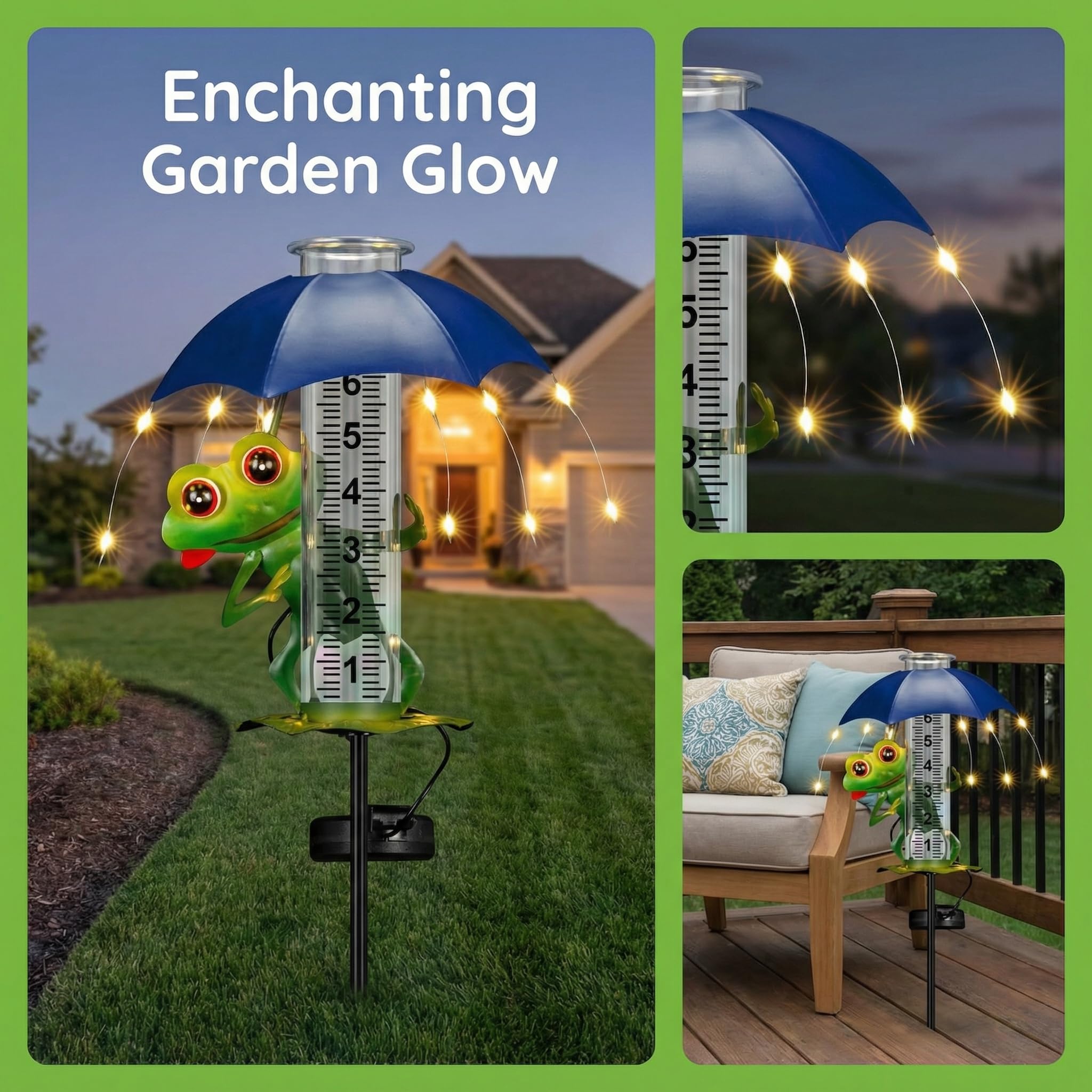 Pluviomètre solaire d'extérieur en forme de grenouille de 17,8 cm avec lumières LED pour cour, patio, décoration de jardin, jauge météo décorative pour jardin, cour, pelouse, terrasse