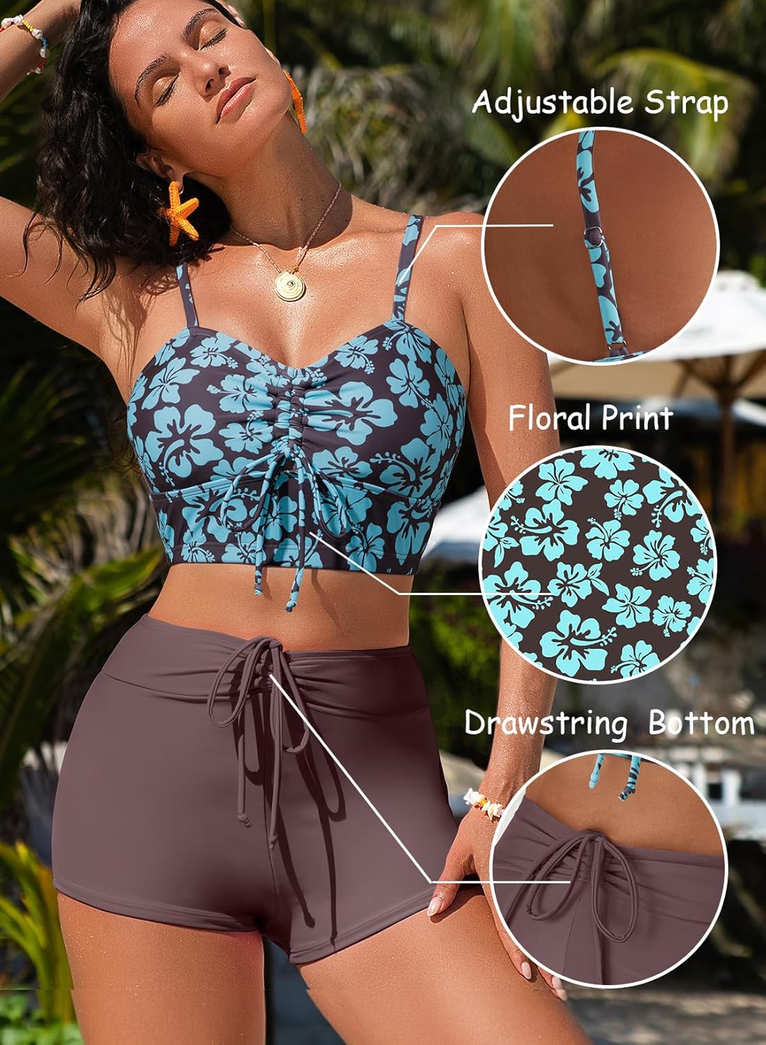 Herseas High Waisted Bikini Sets for Women Floral Print Two Piece Tummy Control Swimsuits Drawstring Short Bathing Suit - Image 5