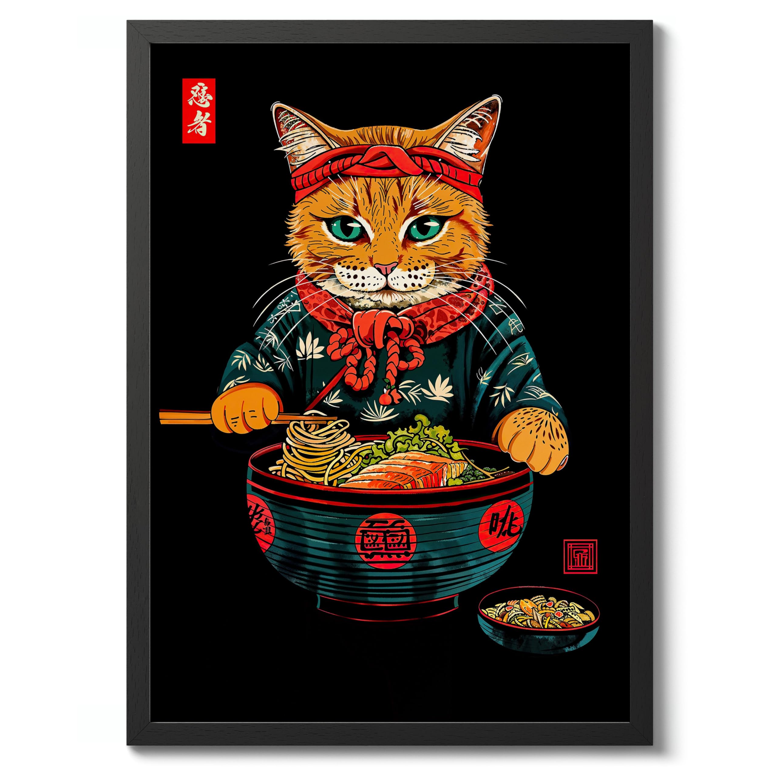 Ramen Cat Anime Woodblock Poster Modern Woodblock Print, Cartoon Manga Kitten Wall Art Decor, Modern Japanese, Cat Lovers, 50x70cm (Black Frame) - 53x73cm