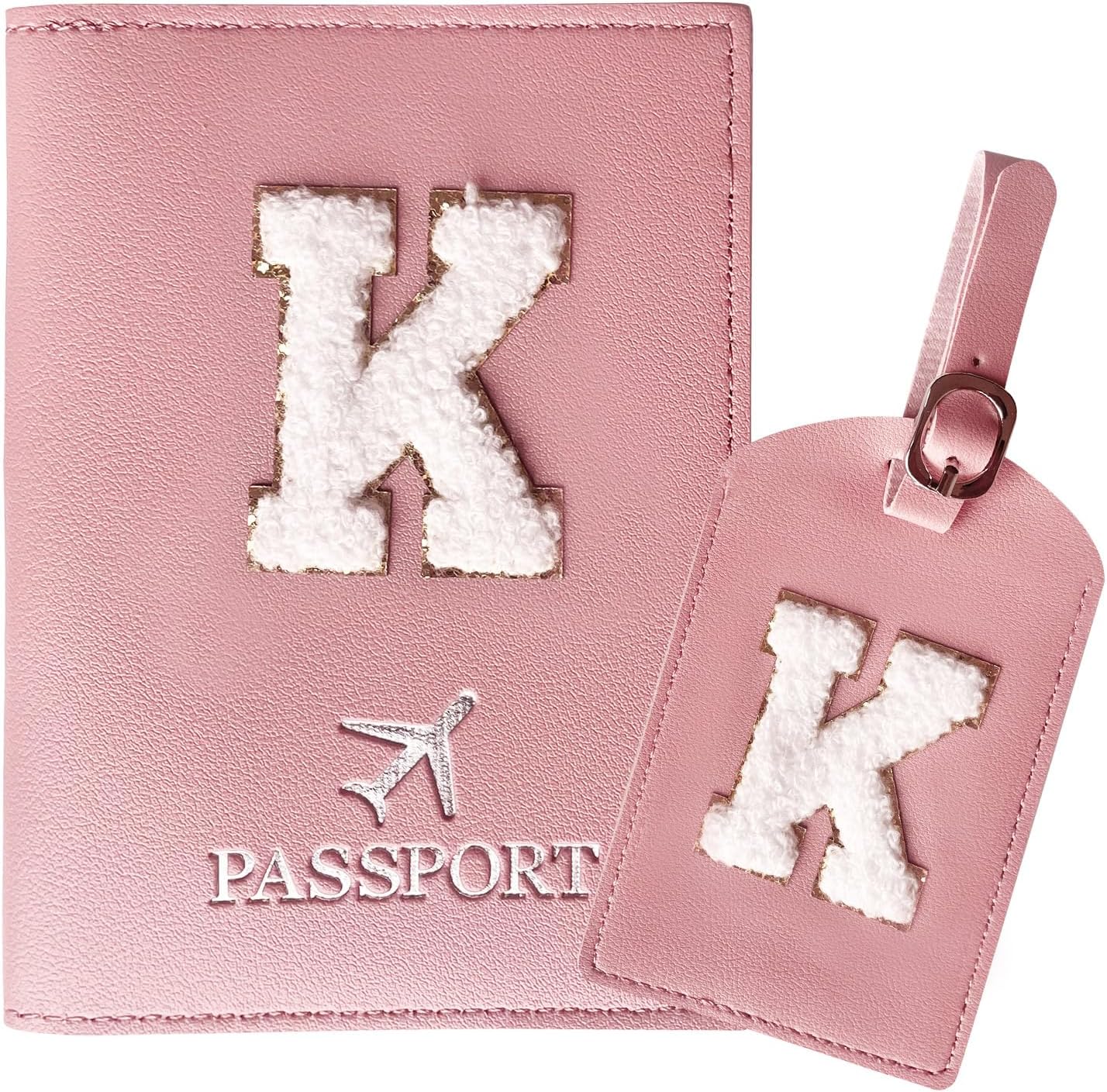 ZVRSUA Protege Passeport Rose et Etiquette Valise Costume，Pochette Passeport avec Lettre, Cuir PU, Cadeaux Femme Voyage Accessoires, Très Mignons, Adaptés aux Femmes, Adolescentes, Filles (Lettre-K)
