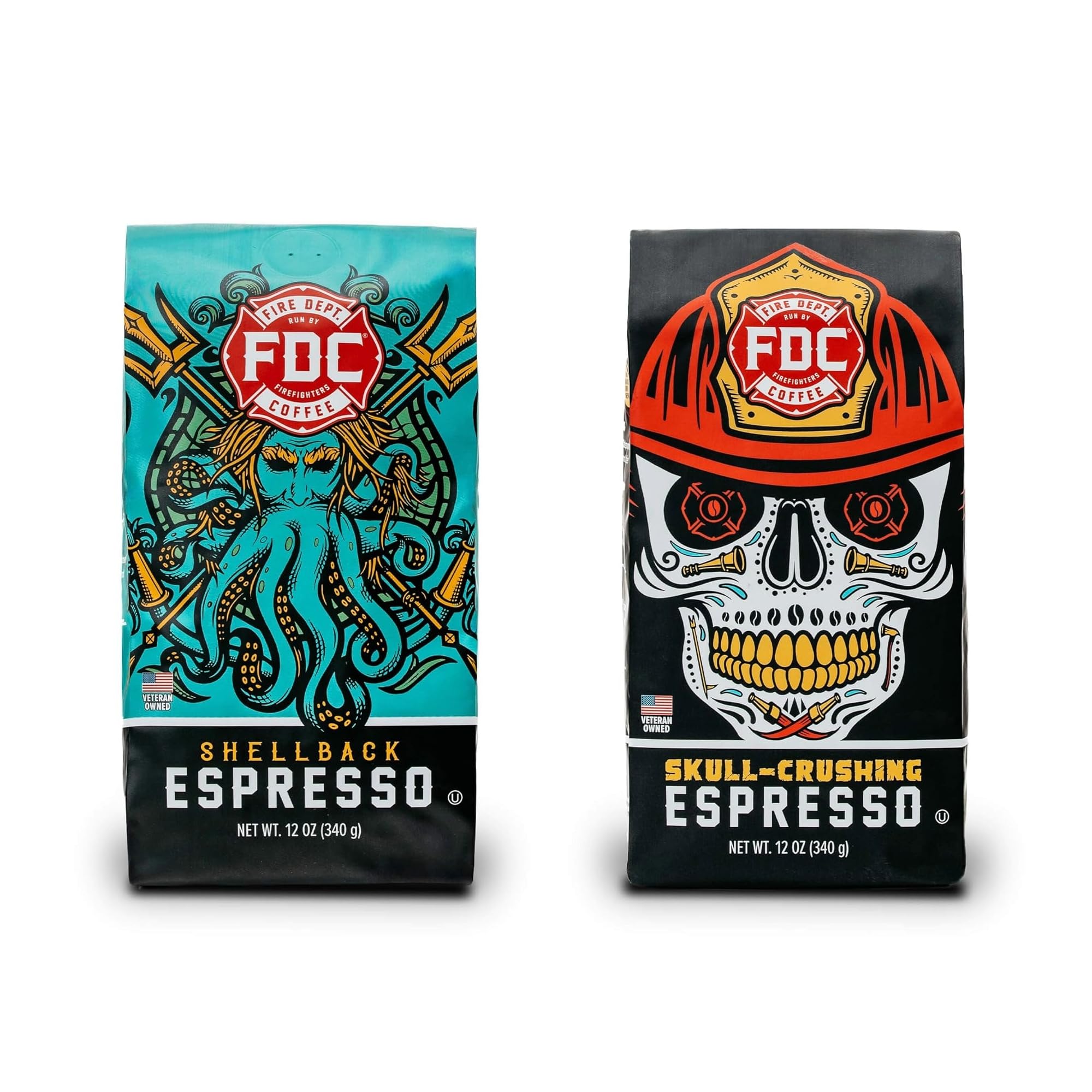 Fire Department Coffee - Veteran Owned - Shellback Espresso & Skull Crushing Espresso Coffee Bean Bundle - Roasted in the USA - 2x12 oz Bags