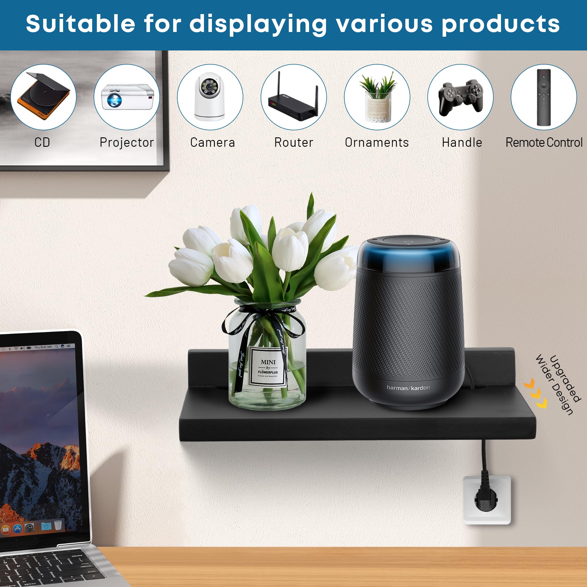 FURAOMEILI Small Floating Shelf for Wall,9 Inch Wall Mounted Shelf with Cord Hole,Small Display Shelves for Cameras Webcam - Image 4