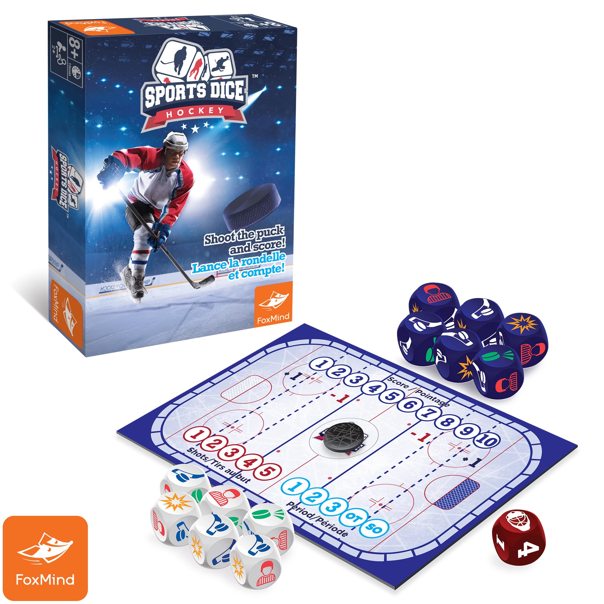 Amazon.com: FoxMind-Games: 運動骰子曲棍球棋盤遊戲,射擊冰球和擊敗守門員得分,易於學習和玩耍,2 或4 名玩家,適合7  歲以上: 玩具和遊戲