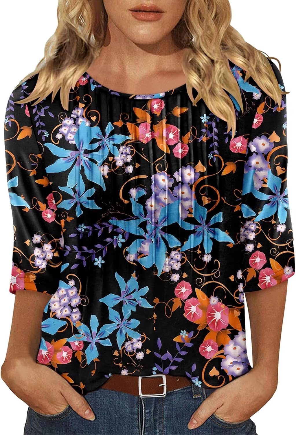 KISSMODA Tunic Tops for Women Loose Fit Dressy Round Neck Pleated 3/4 Length Sleeve Spring Tops Medium B Blue Purple Floral